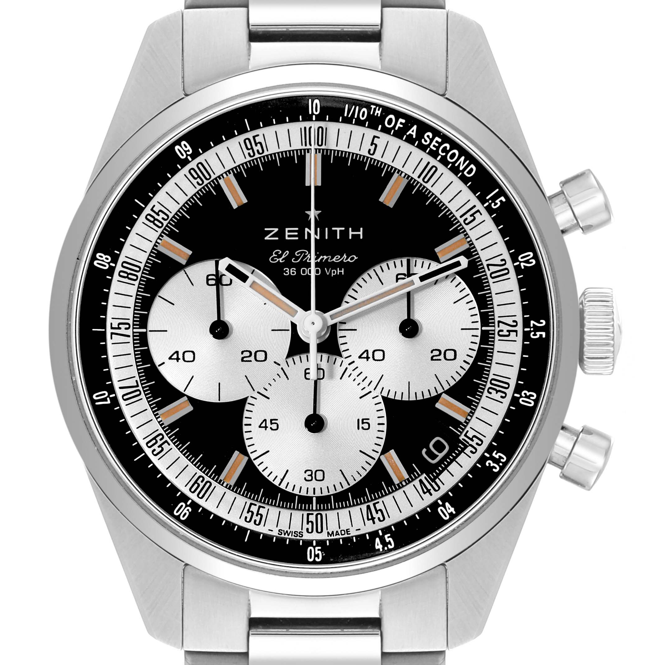 The Zenith Chronomaster 03.3200.3600/21.C903 Men
s Stainless Steel Black Dial 03.3200.3600/21.C903 Men
s Stainless Steel Black Dial watch is shown from the front, featuring its dial, sub-dials, and stainless steel case and bracelet.