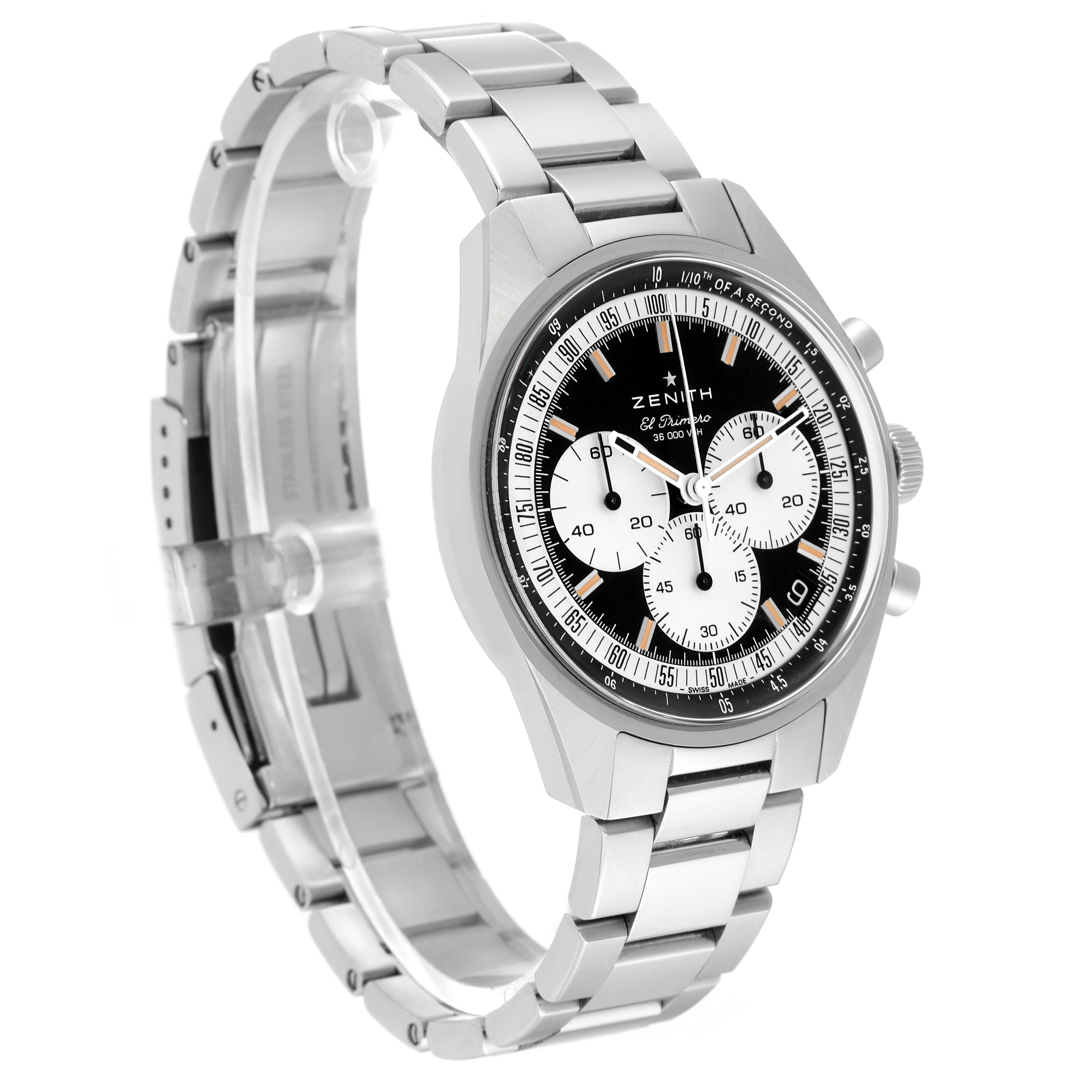 The Zenith Chronomaster 03.3200.3600/21.C903 Men
s Stainless Steel Black Dial 03.3200.3600/21.C903 Men
s Stainless Steel Black Dial watch is shown at a slight angle, highlighting the face, bezel, and stainless steel bracelet.