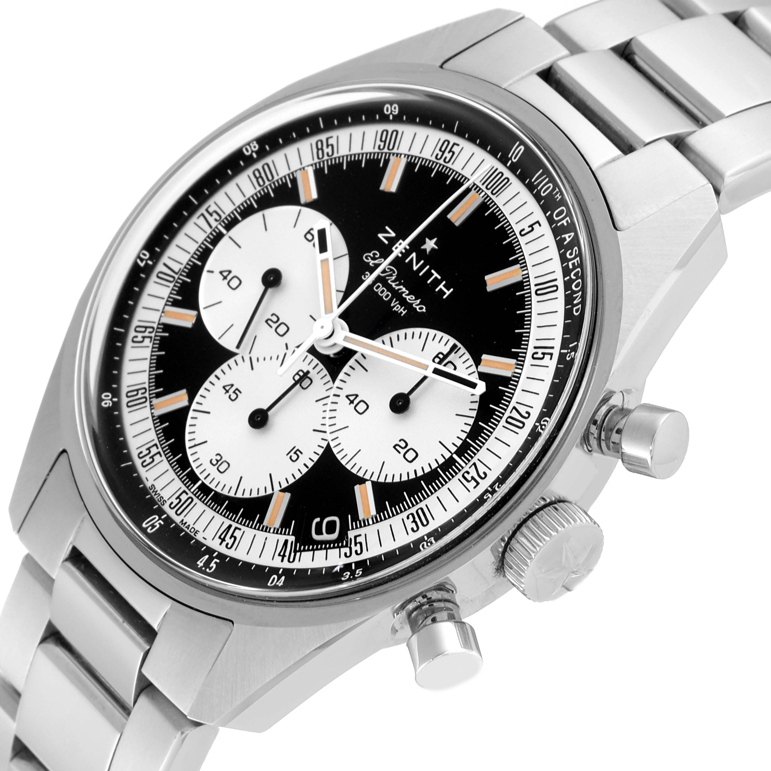 The image shows the Zenith Chronomaster 03.3200.3600/21.C903 Men
s Stainless Steel Black Dial 03.3200.3600/21.C903 Men
s Stainless Steel Black Dial watch at a slight angle, highlighting the dial, sub-dials, and stainless steel bracelet.