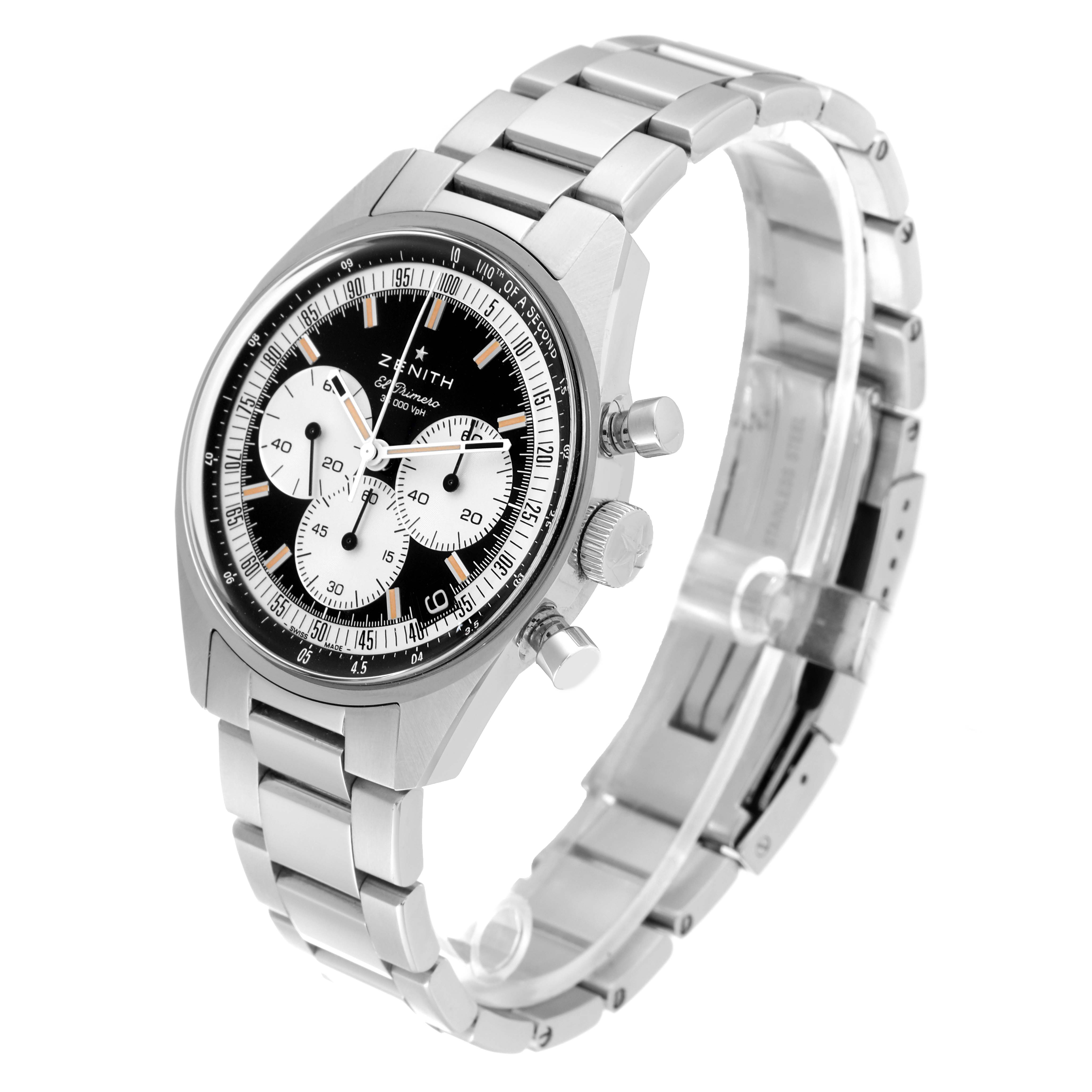 The Zenith Chronomaster 03.3200.3600/21.C903 Men
s Stainless Steel Black Dial 03.3200.3600/21.C903 Men
s Stainless Steel Black Dial watch is shown at a 3/4 angle, highlighting its dial, case, and bracelet.