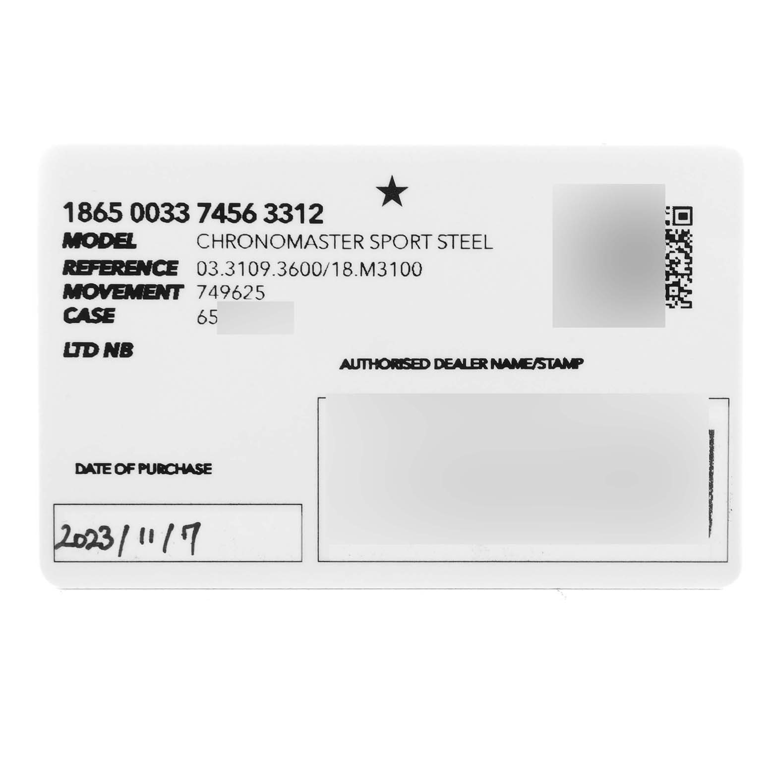 This image shows a warranty card for the Zenith Chronomaster 03.3109.3600/18.M3100 Men's Stainless Steel Pink Dial 03.3109.3600/18.M3100 Men's Stainless Steel Pink Dial Sport Steel watch, displaying the model, reference, movement, and case number.