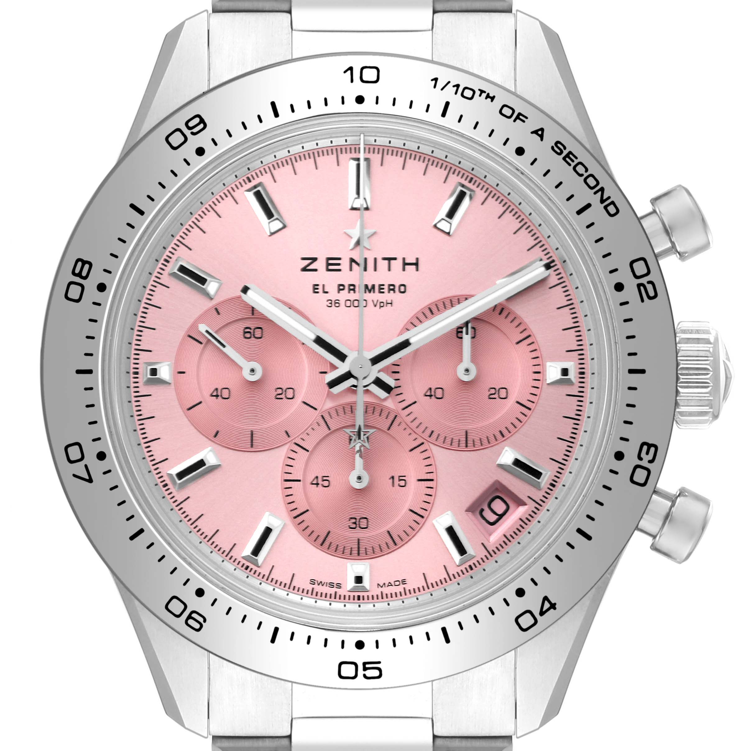 The image shows a front view of the Zenith Chronomaster 03.3109.3600/18.M3100 Men's Stainless Steel Pink Dial 03.3109.3600/18.M3100 Men's Stainless Steel Pink Dial watch with a pink dial and multiple sub-dials.