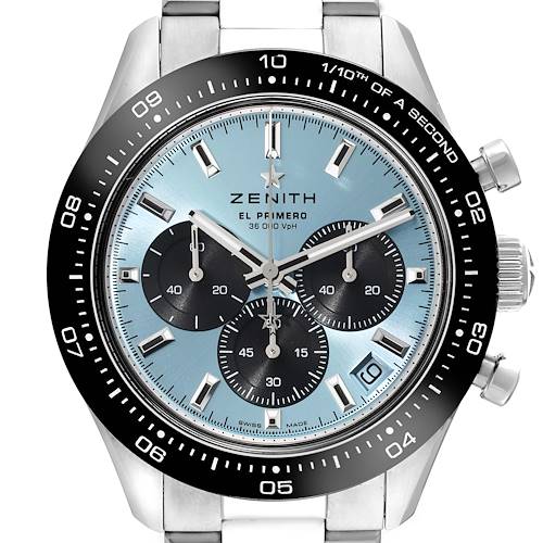 The image shows a front view of the Zenith Chronomaster watch, highlighting its dial, bezel, and chronograph sub-dials.