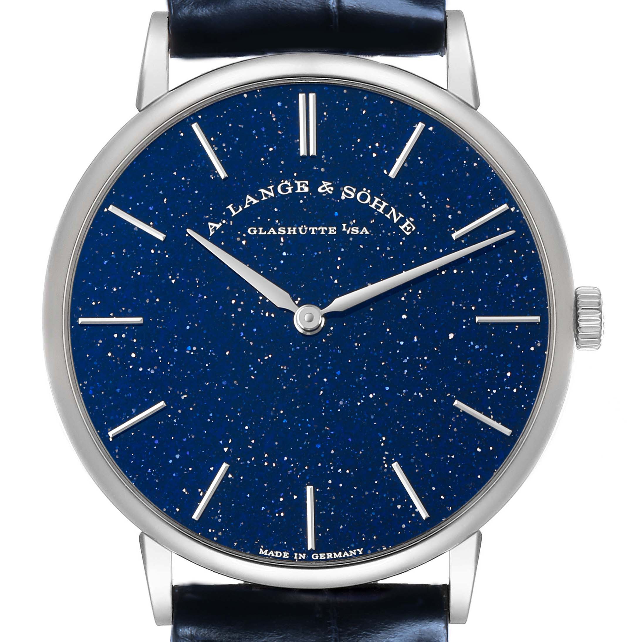 The A. Lange & Sohne Saxonia 205.086 / LSLS2053AX Men's White Gold Blue Dial watch is shown from the front, highlighting the starry blue dial and silver hands and markers.