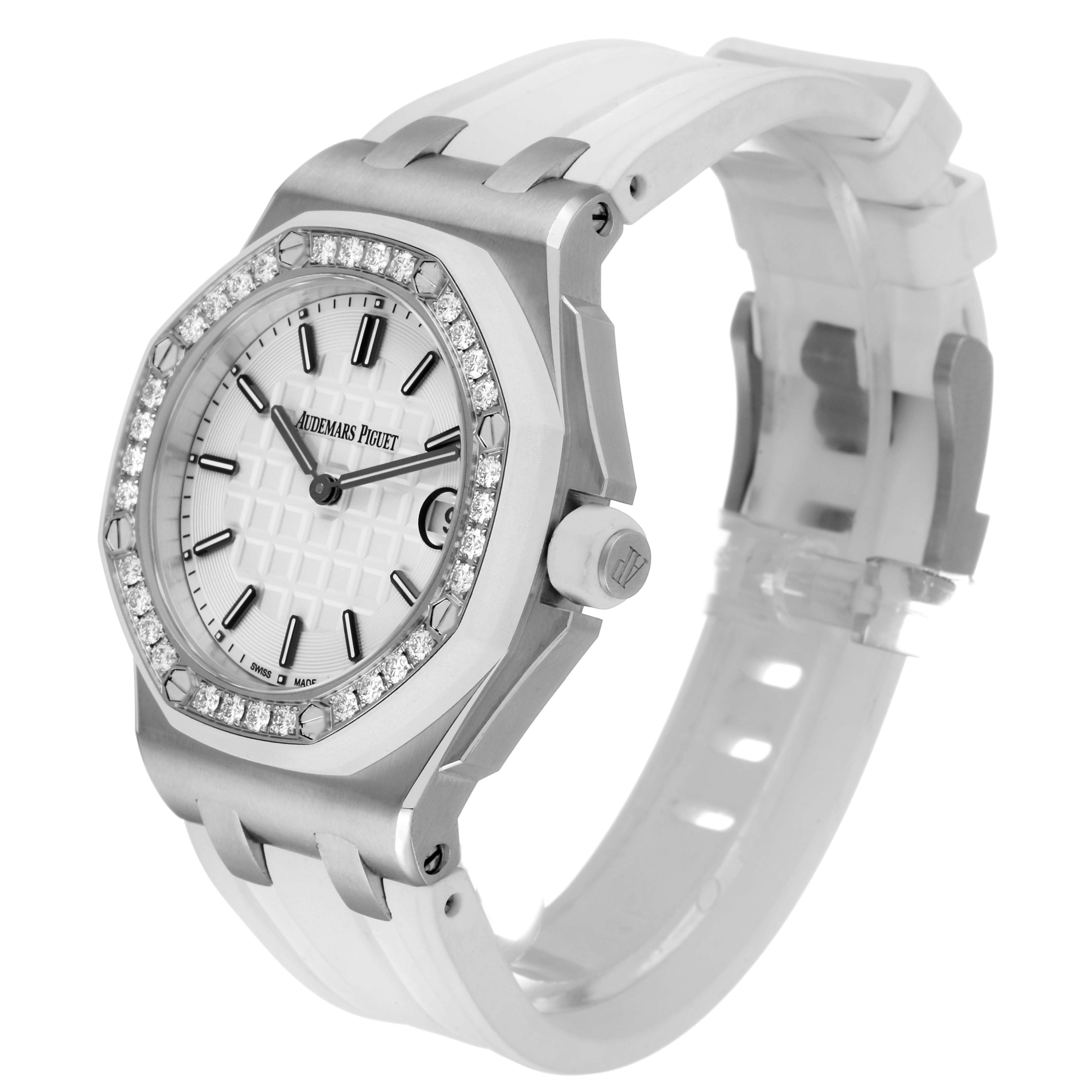 The Audemars Piguet Royal Oak Offshore 67540SK Women's Stainless Steel White Dial watch is shown at an angle highlighting the face, bezel with gems, and side profile, including the strap.