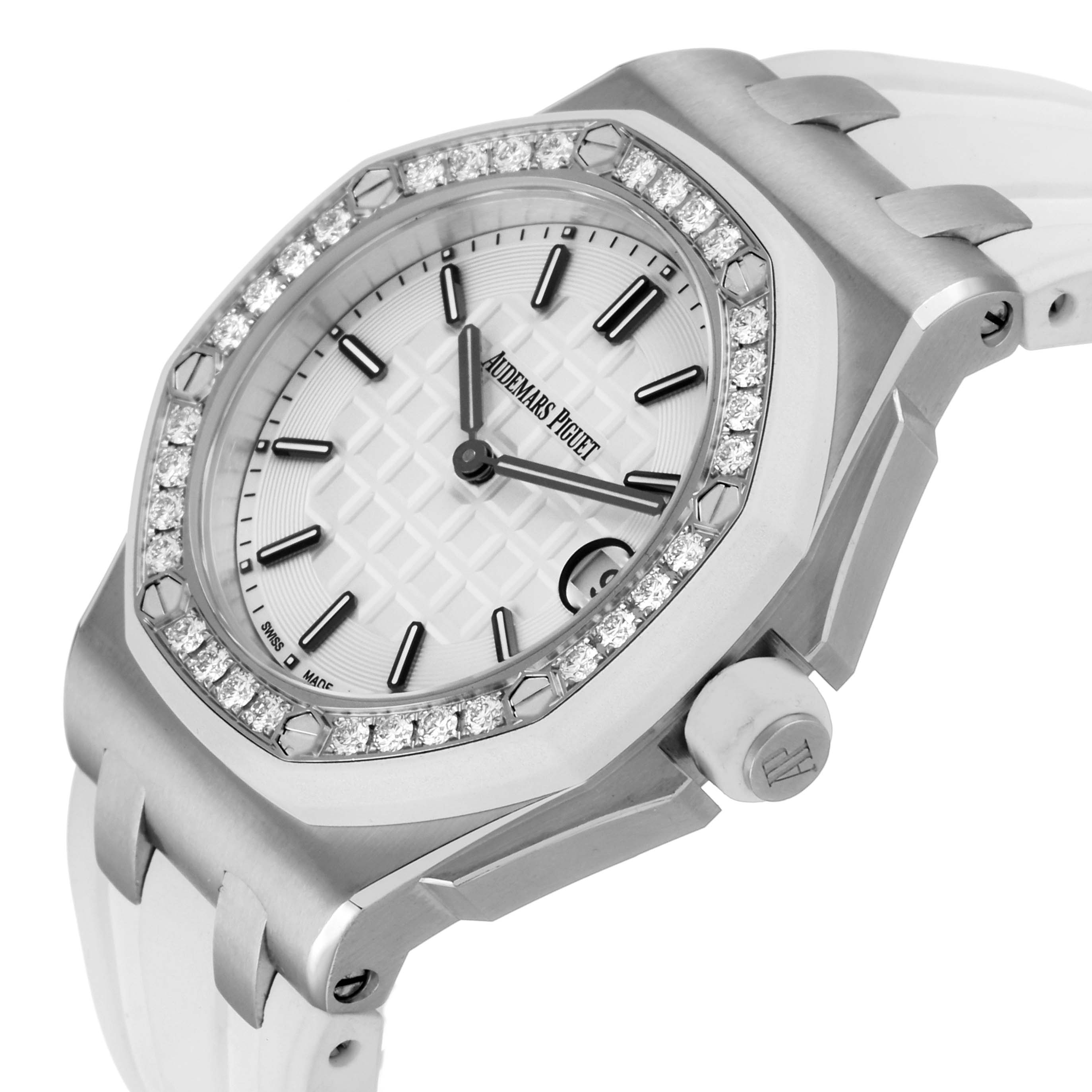 The image shows a side-angle view of an Audemars Piguet Royal Oak Offshore 67540SK Women's Stainless Steel White Dial, highlighting its diamond bezel, dial, and crown.