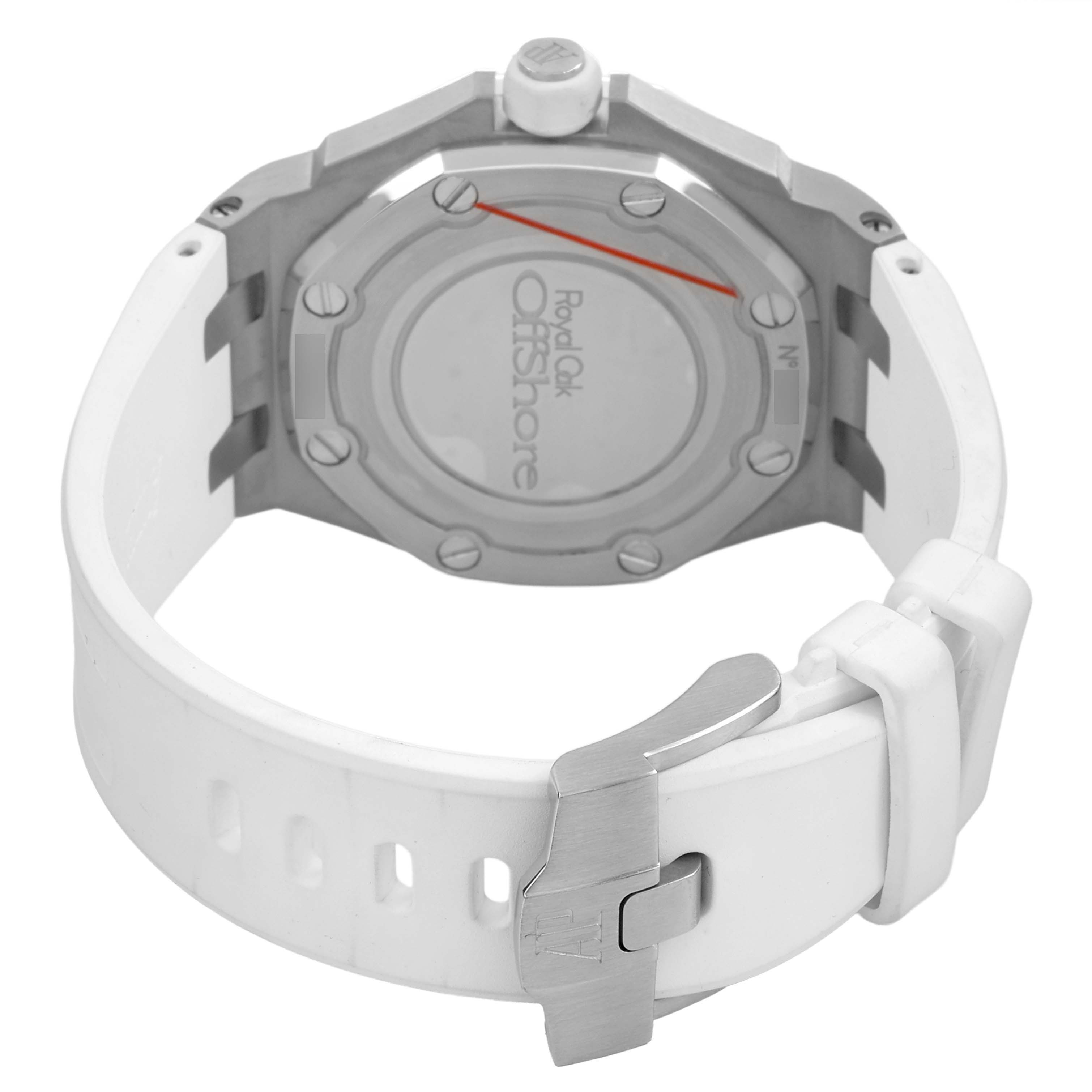 The Audemars Piguet Royal Oak Offshore 67540SK Women's Stainless Steel White Dial watch is shown from the back, highlighting its case back, bezel, and white strap.