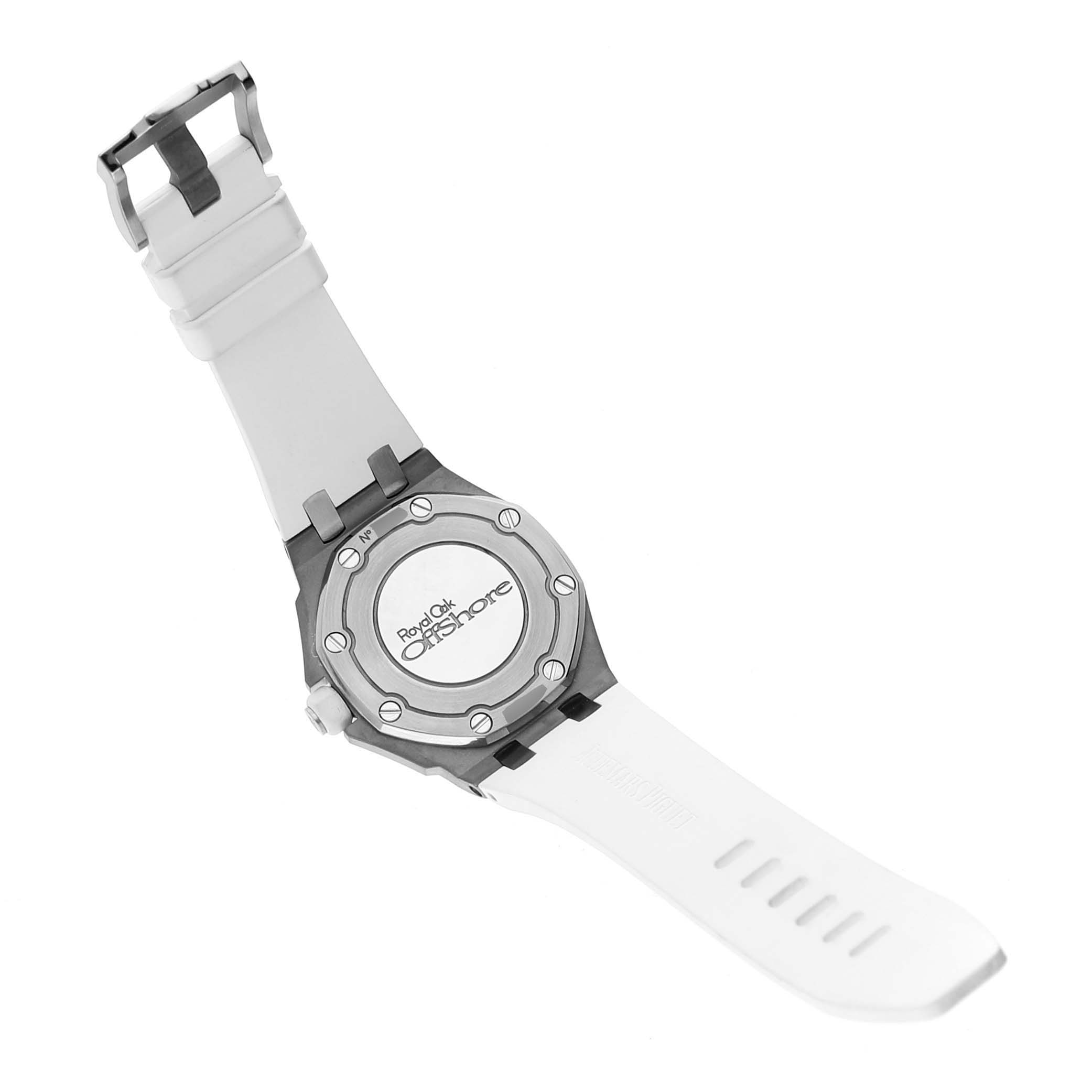 The image shows the back and straps of the Audemars Piguet Royal Oak Offshore 67540SK Women's Stainless Steel White Dial watch from a top view.