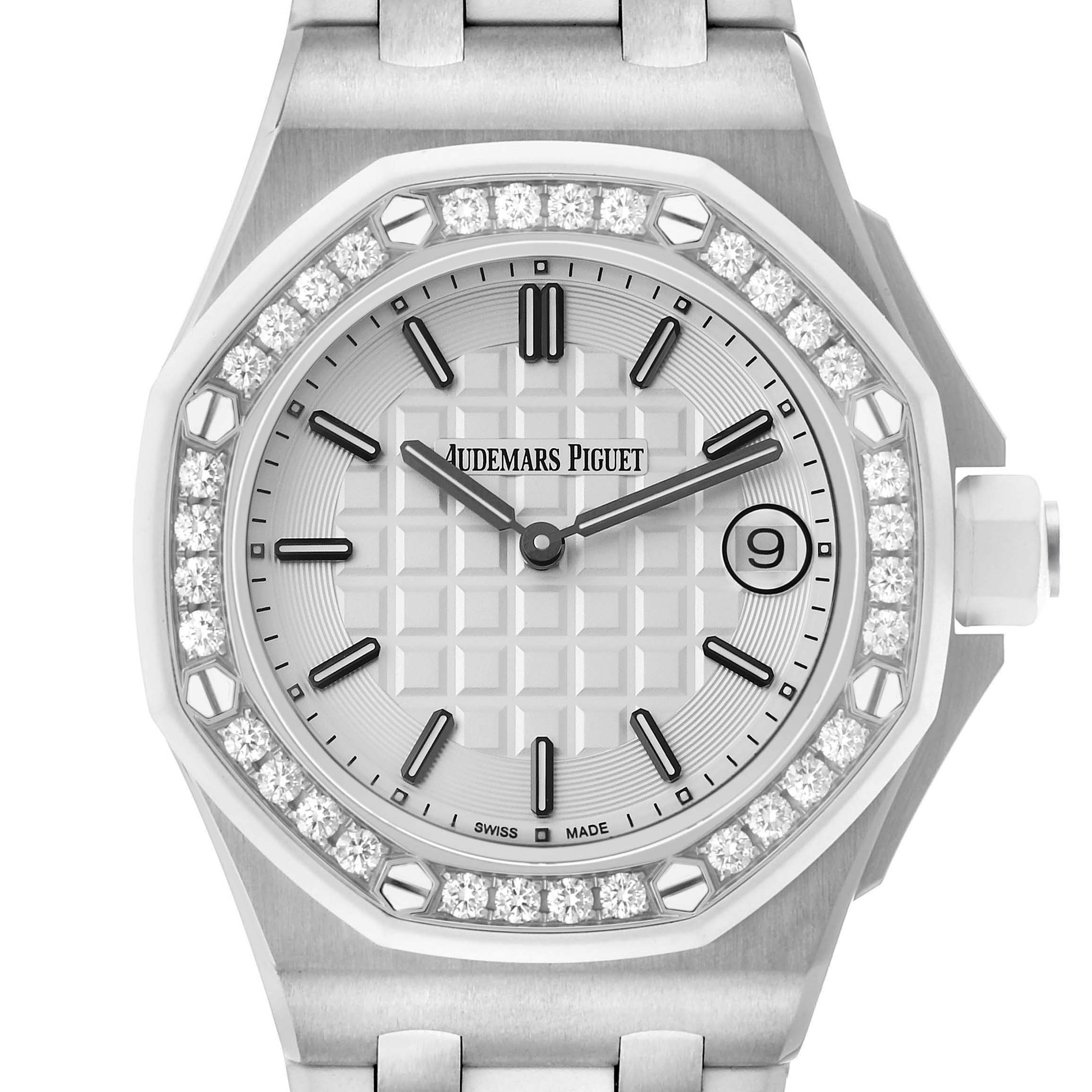 The Audemars Piguet Royal Oak Offshore 67540SK Women's Stainless Steel White Dial is shown from a front angle, highlighting the dial, bezel with diamonds, and part of the bracelet.