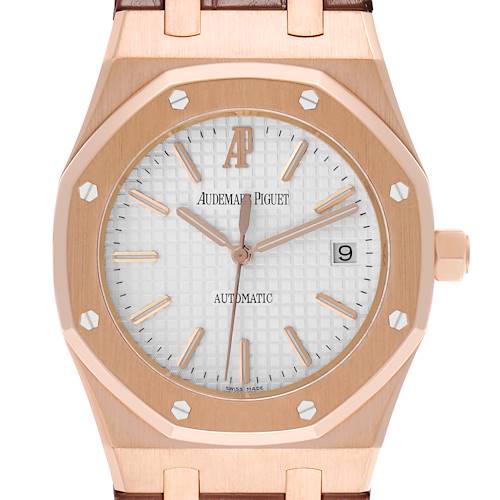 The watch is a Royal Oak model by Audemars Piguet, shown from a front angle highlighting the dial, bezel, and crown.