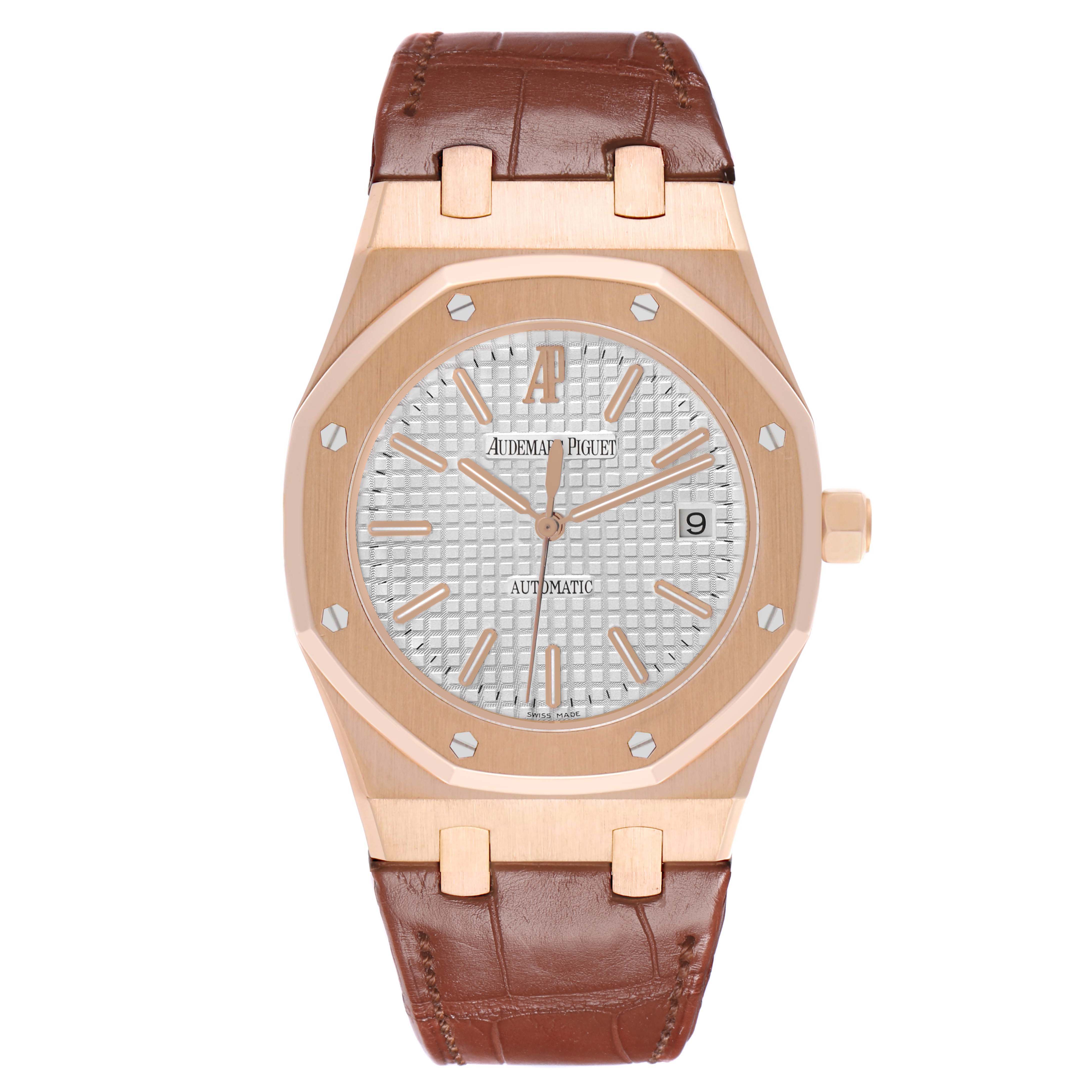 The Audemars Piguet Royal Oak 15400OR Men's Rose Gold Silver Dial watch is shown from a front view, displaying the case, dial, hands, leather strap, and crown.