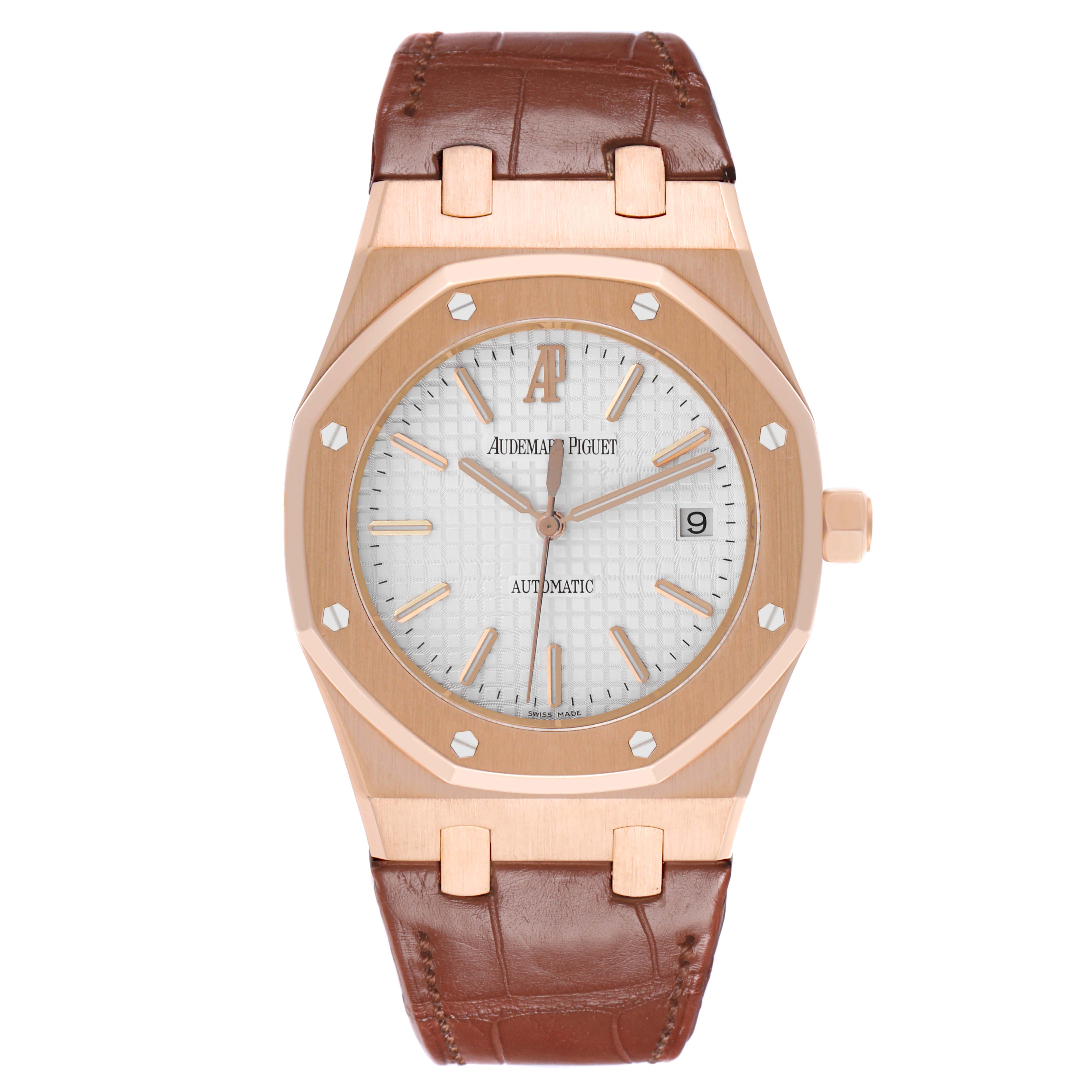 The Audemars Piguet Royal Oak 15400OR Men's Rose Gold Silver Dial watch is shown from a front view, displaying the dial, bezel, and leather strap.