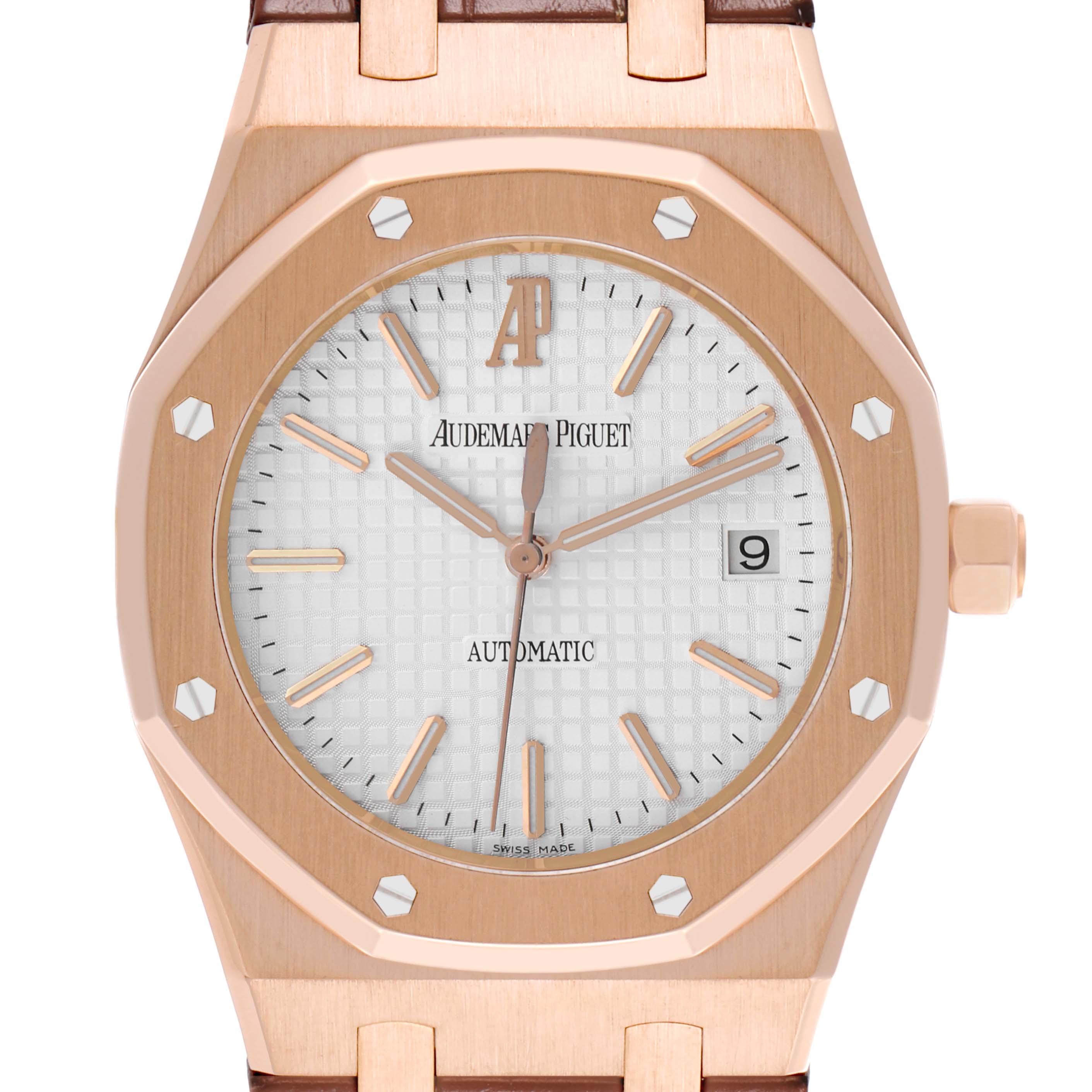 The image shows the Audemars Piguet Royal Oak 15400OR Men's Rose Gold Silver Dial watch from the front, highlighting its octagonal bezel, dial, and hands.