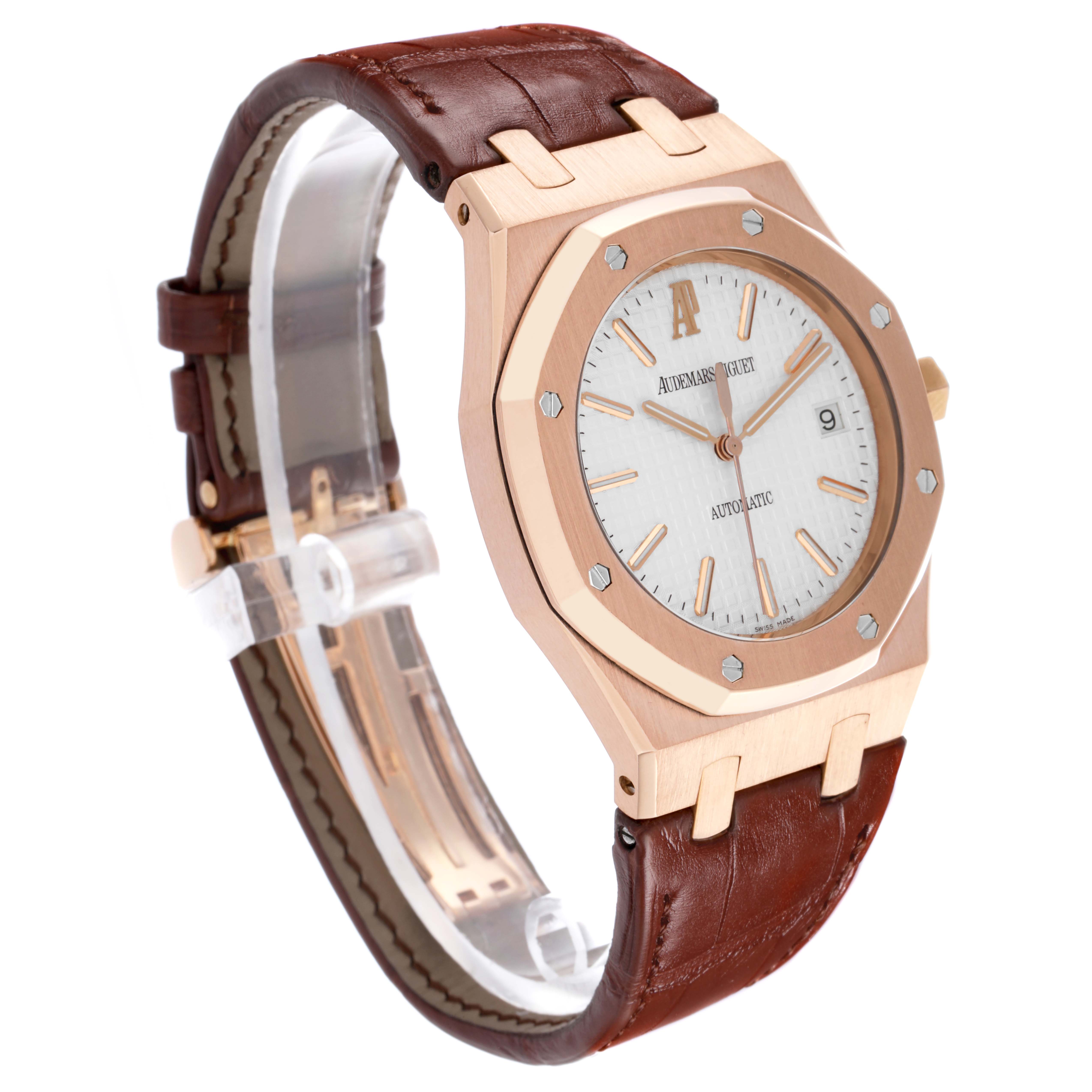 The Audemars Piguet Royal Oak 15400OR Men's Rose Gold Silver Dial watch is shown at an angled side view highlighting the face, case, bezel, and leather strap.