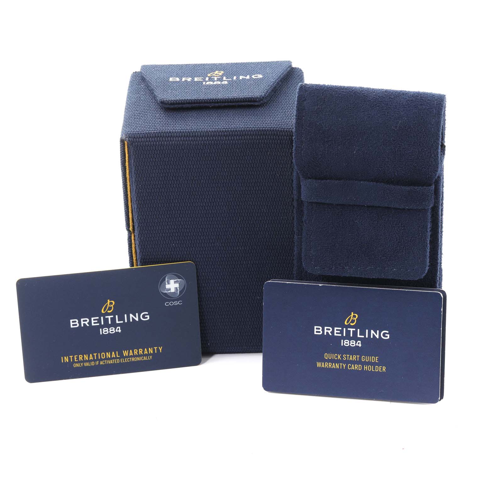 The image shows the packaging and accessories for a Breitling Avenger A32395 Men's Stainless Steel Blue Dial A32395 Men's Stainless Steel Blue Dial watch, including a box, a card holder, and two warranty cards.