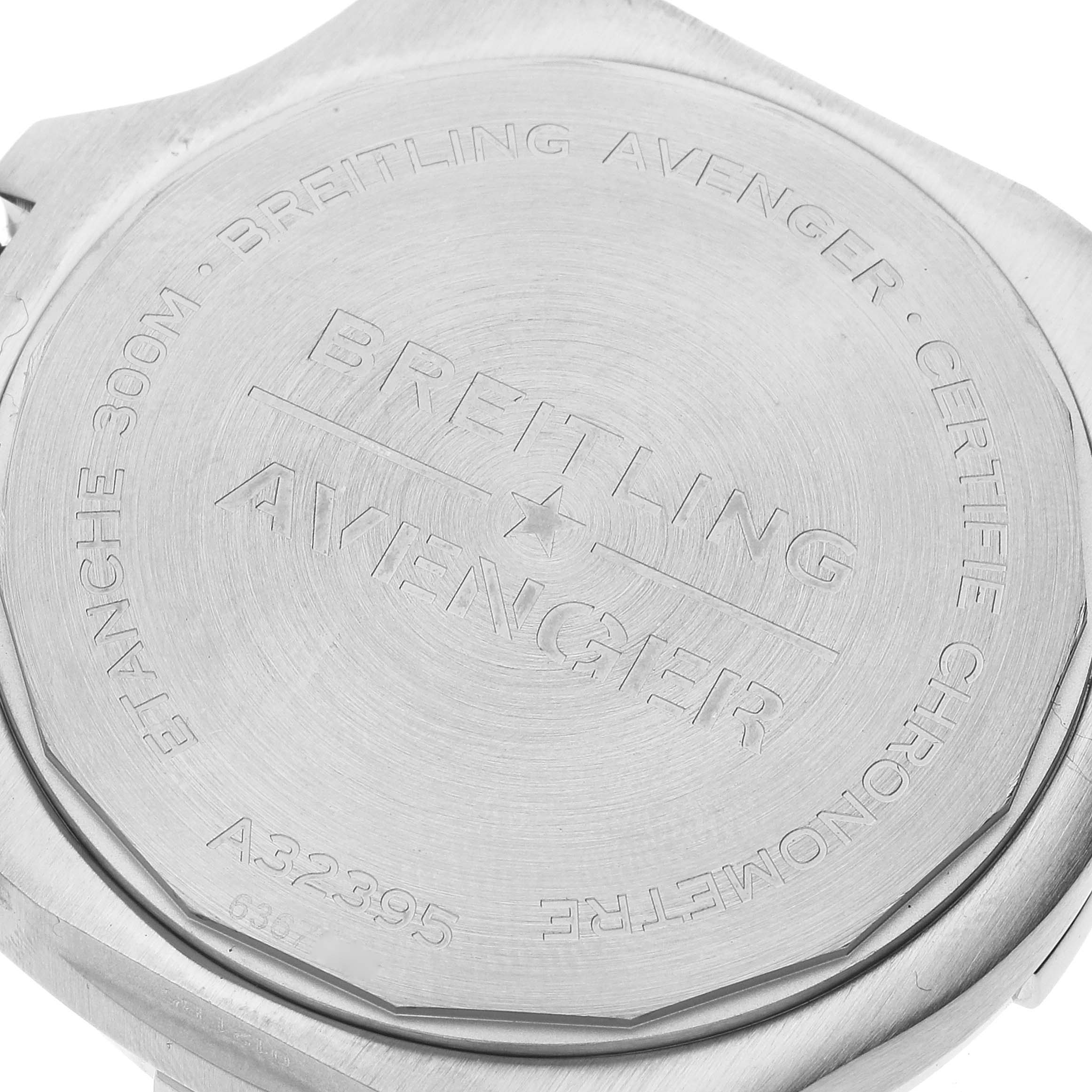 The image shows the back case of the Breitling Avenger A32395 Men's Stainless Steel Blue Dial A32395 Men's Stainless Steel Blue Dial watch, highlighting its engravings.
