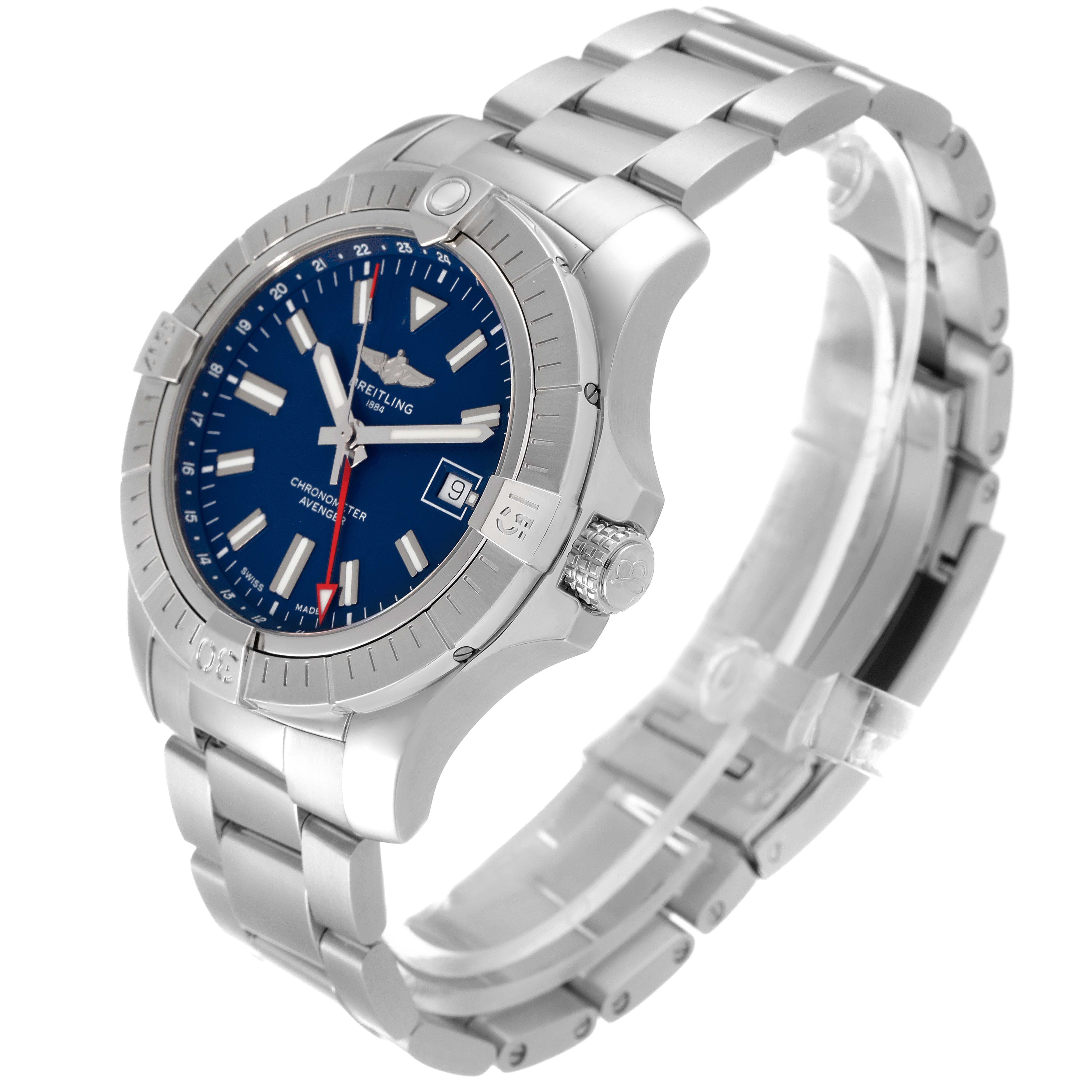 The image shows a Breitling Avenger A32395 Men's Stainless Steel Blue Dial A32395 Men's Stainless Steel Blue Dial watch at a three-quarter side angle, highlighting its bezel, dial, bracelet, and crown.