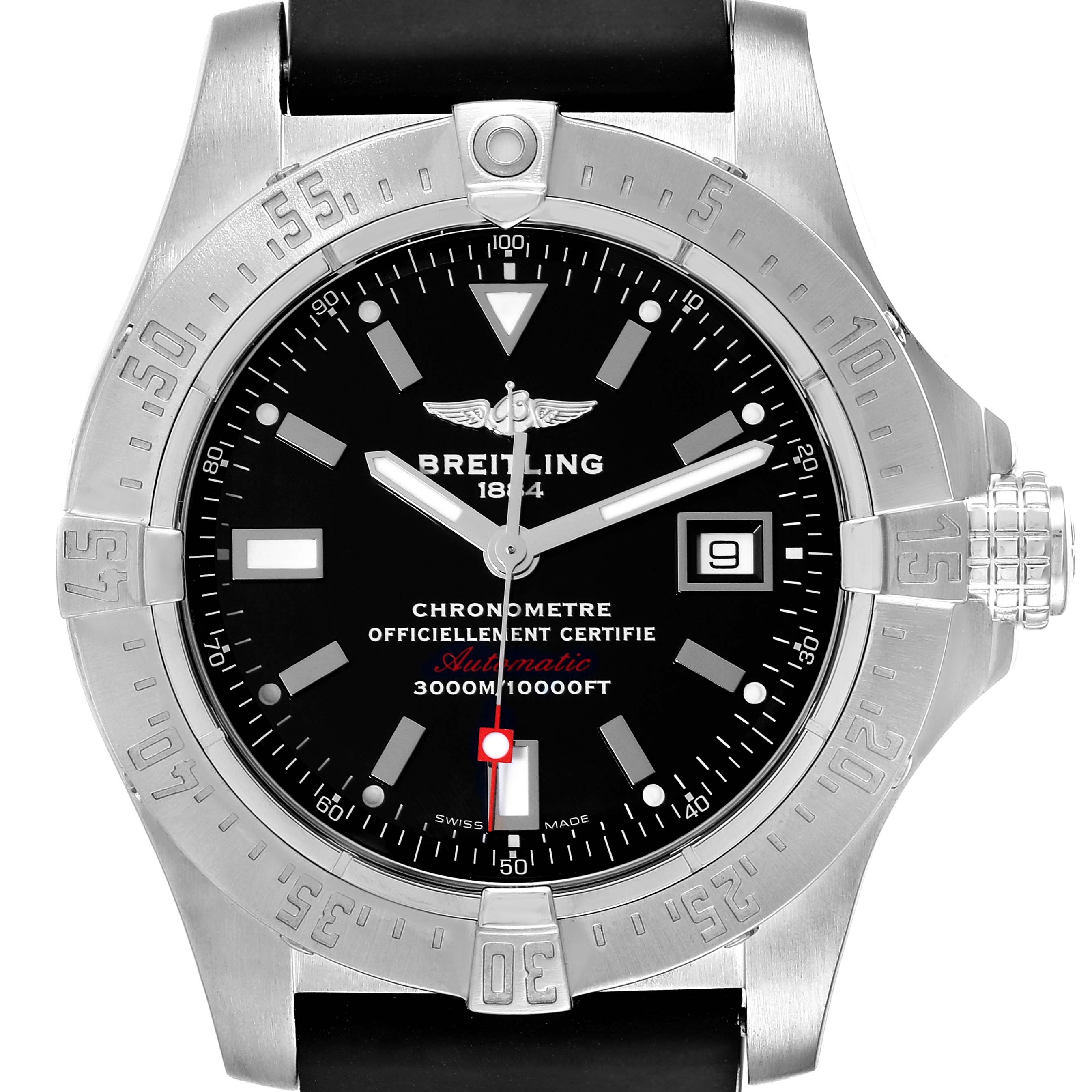 This image shows a front view of the Breitling Avenger A17330 Men's Stainless Steel Black Dial A17330 Men's Stainless Steel Black Dial watch, highlighting the dial, bezel, and crown.