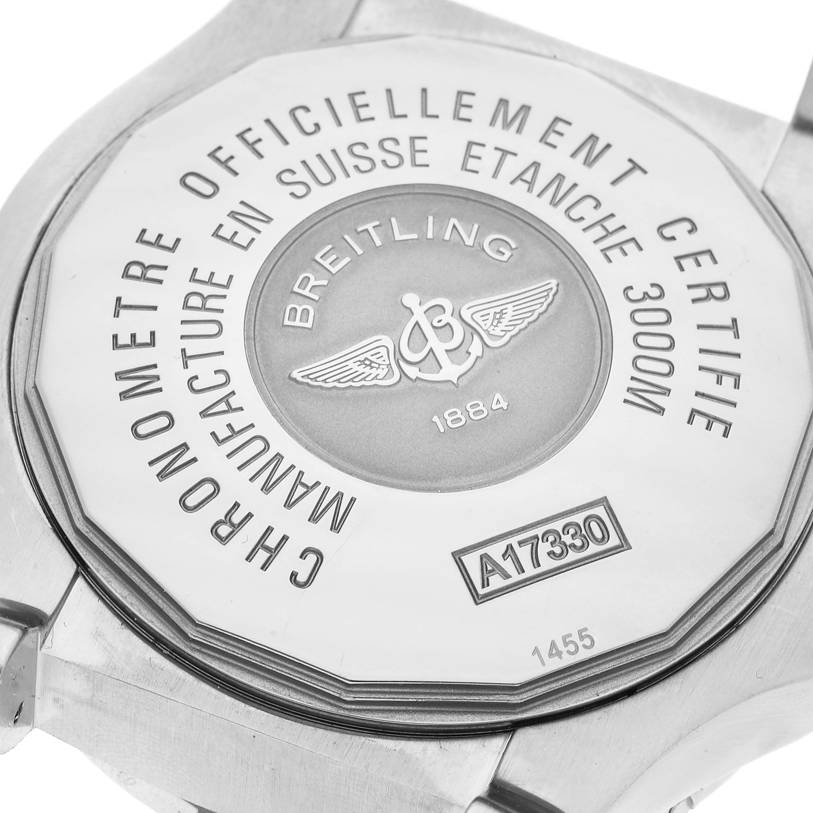 This image shows the back case of a Breitling Avenger A17330 Men's Stainless Steel Black Dial A17330 Men's Stainless Steel Black Dial watch, displaying the model number "A17330" and waterproof details.