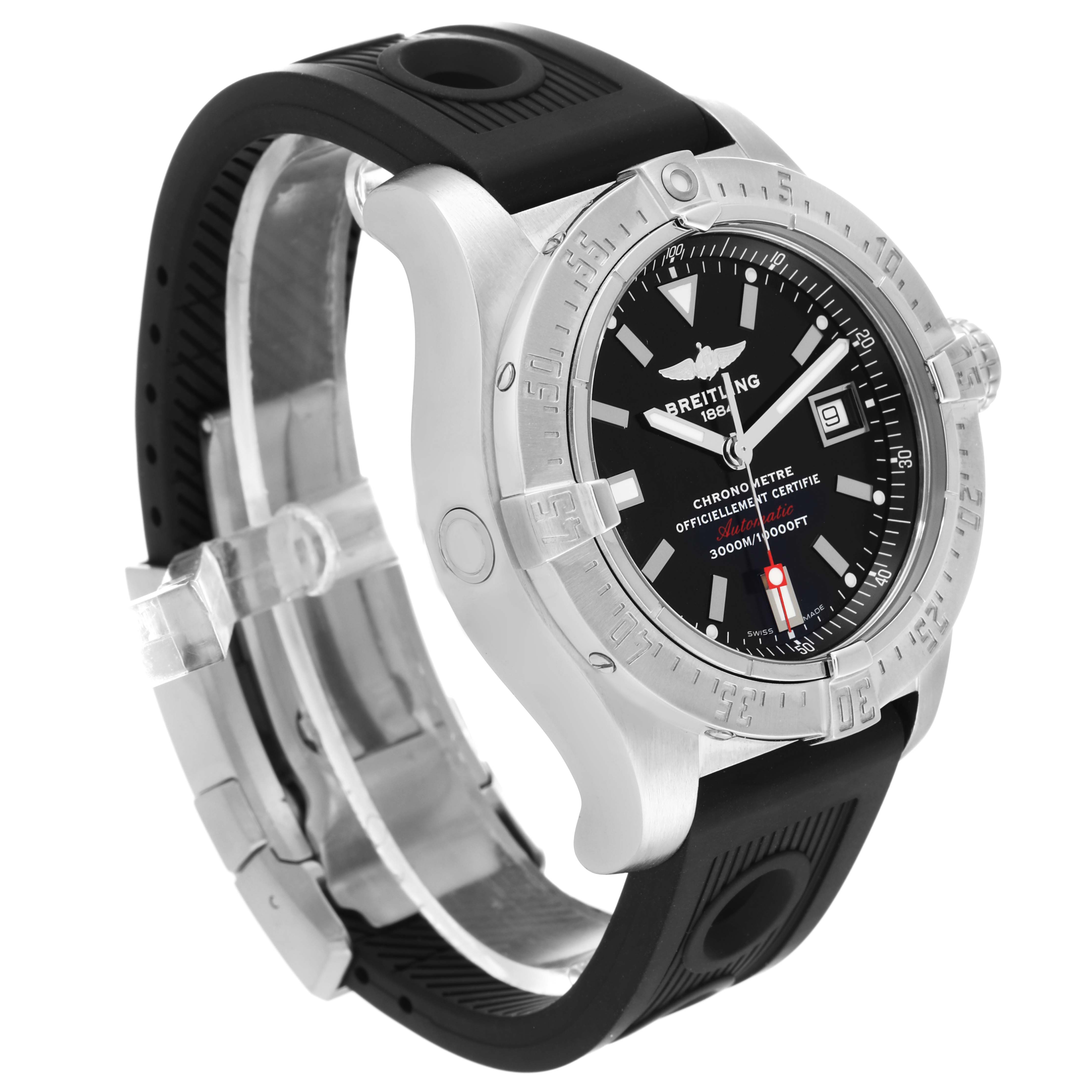 The image shows a side-front angle of the Breitling Avenger A17330 Men's Stainless Steel Black Dial A17330 Men's Stainless Steel Black Dial watch, highlighting its face, bezel, case, crown, and strap.