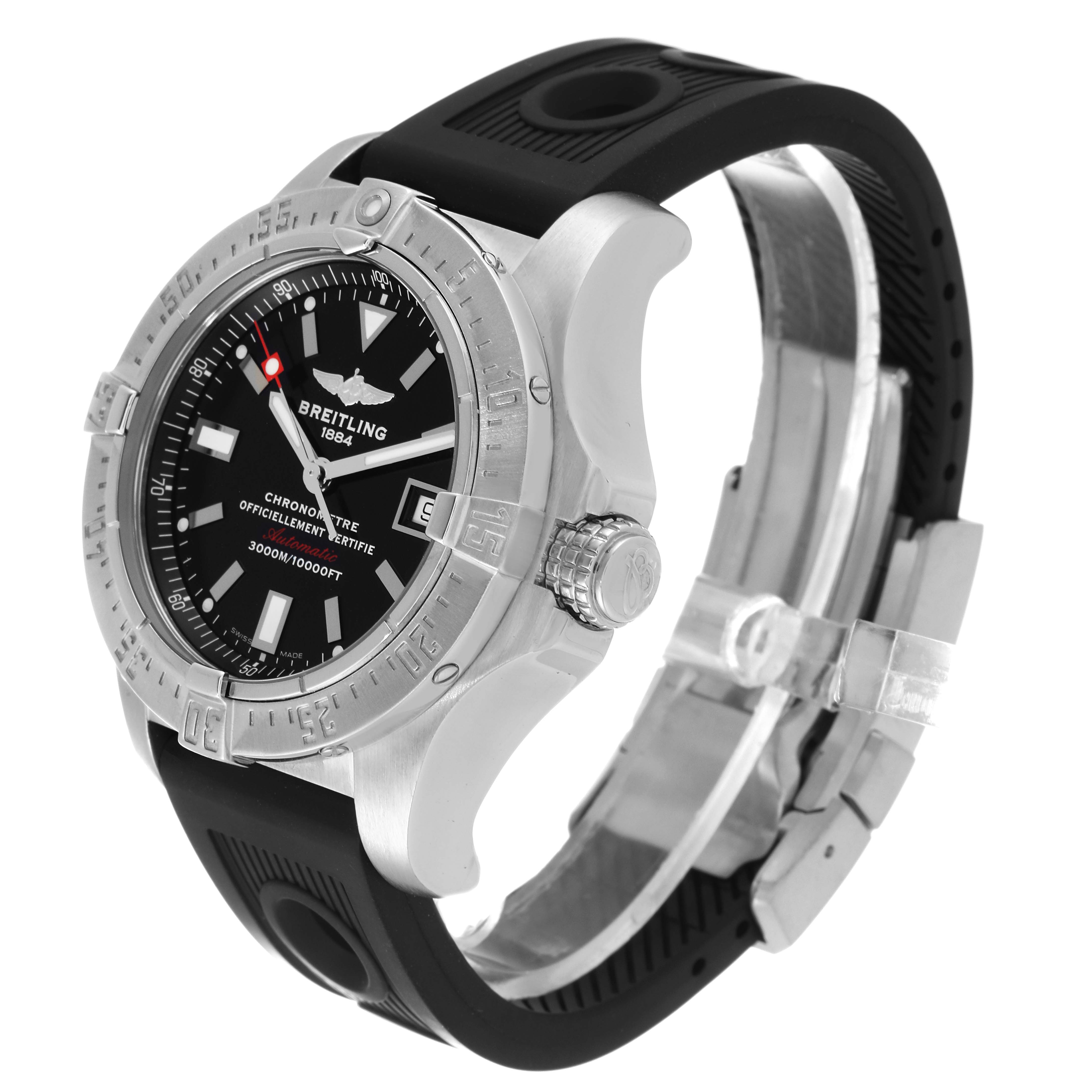 The image shows a side and front angle of a Breitling Avenger A17330 Men's Stainless Steel Black Dial A17330 Men's Stainless Steel Black Dial watch, displaying the bezel, dial, crown, and strap.