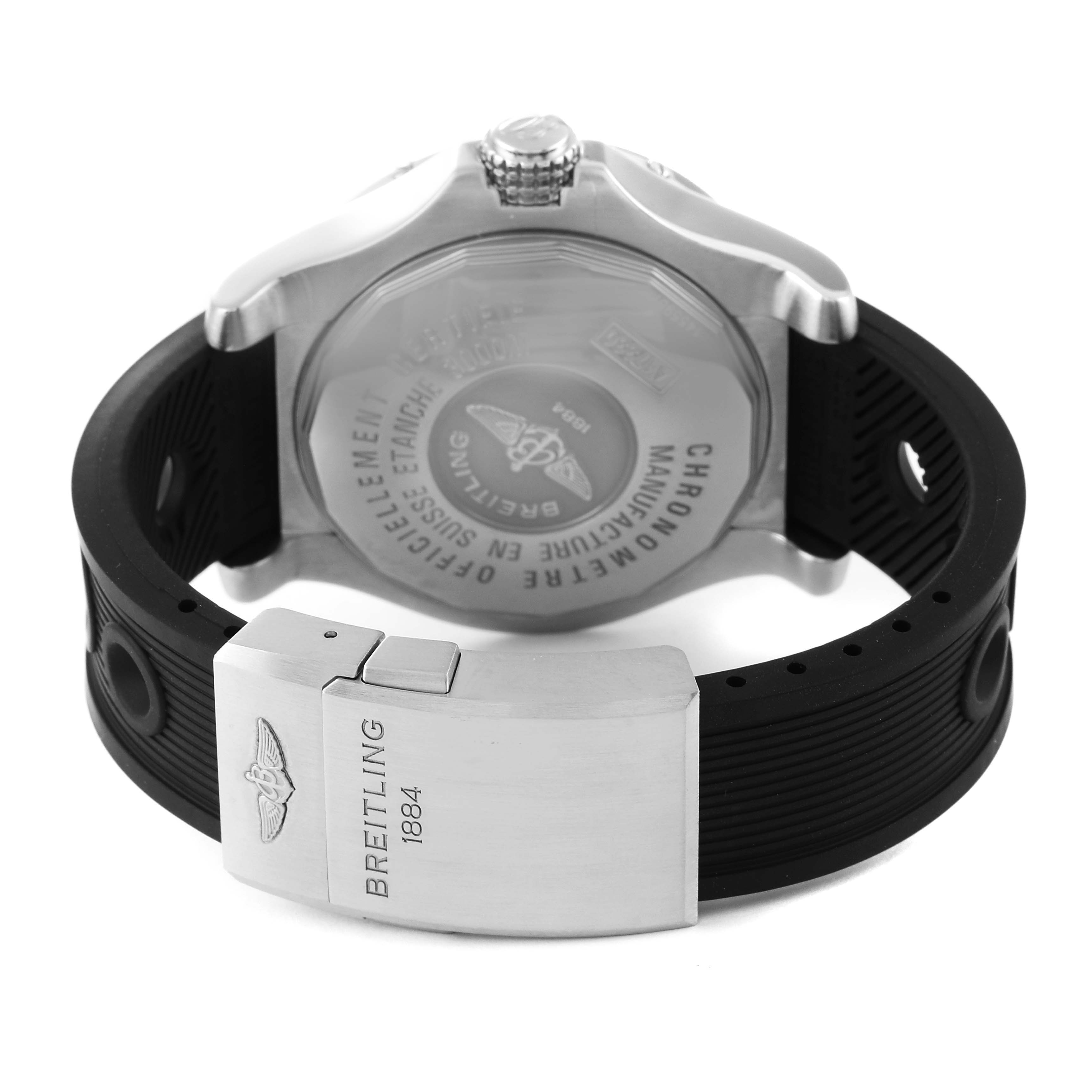 The image shows the back case and clasp of a Breitling Avenger A17330 Men's Stainless Steel Black Dial A17330 Men's Stainless Steel Black Dial watch, with clear details of the strap and buckle.