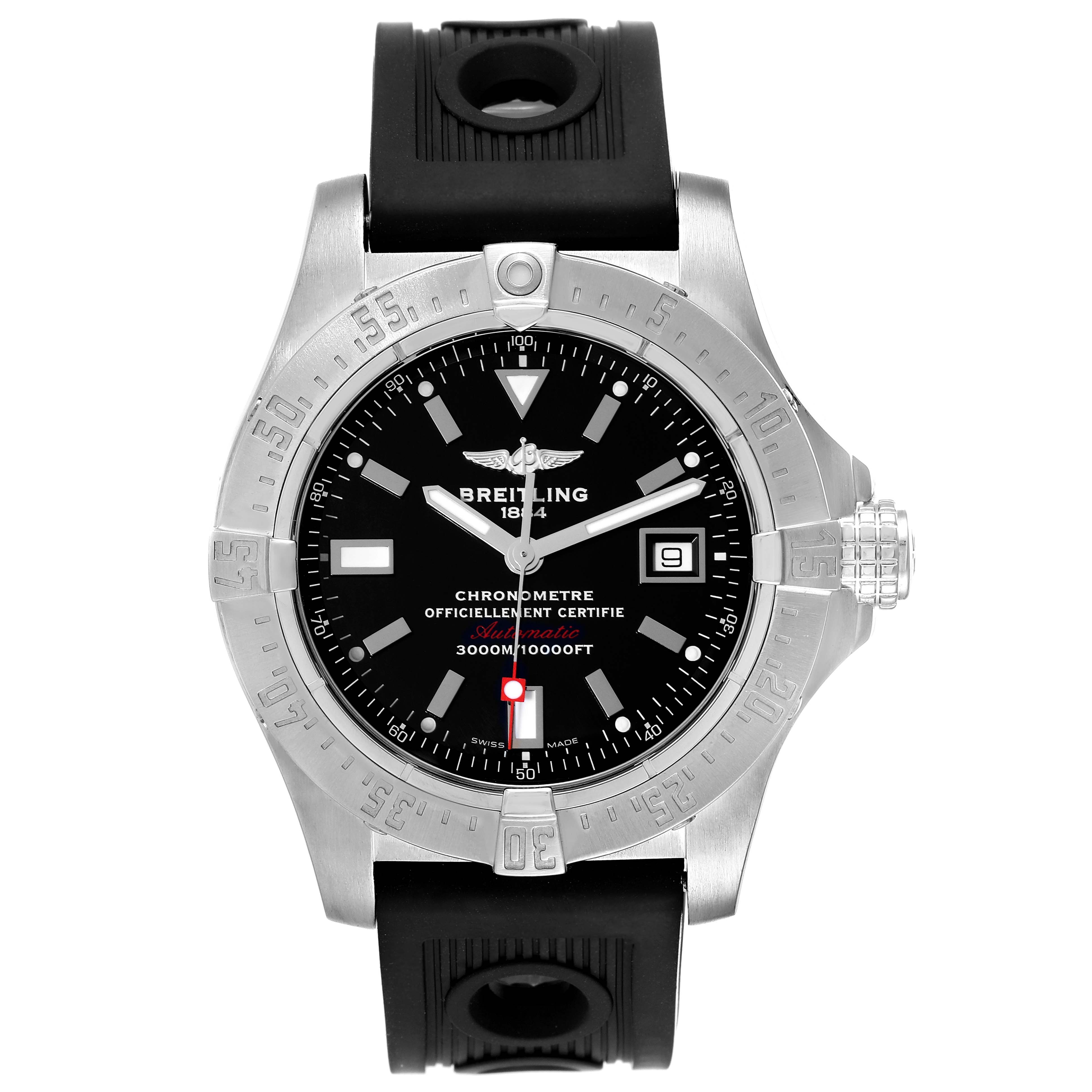 The image shows a front view of the Breitling Avenger A17330 Men's Stainless Steel Black Dial A17330 Men's Stainless Steel Black Dial watch, highlighting its dial, bezel, crown, and part of the strap.