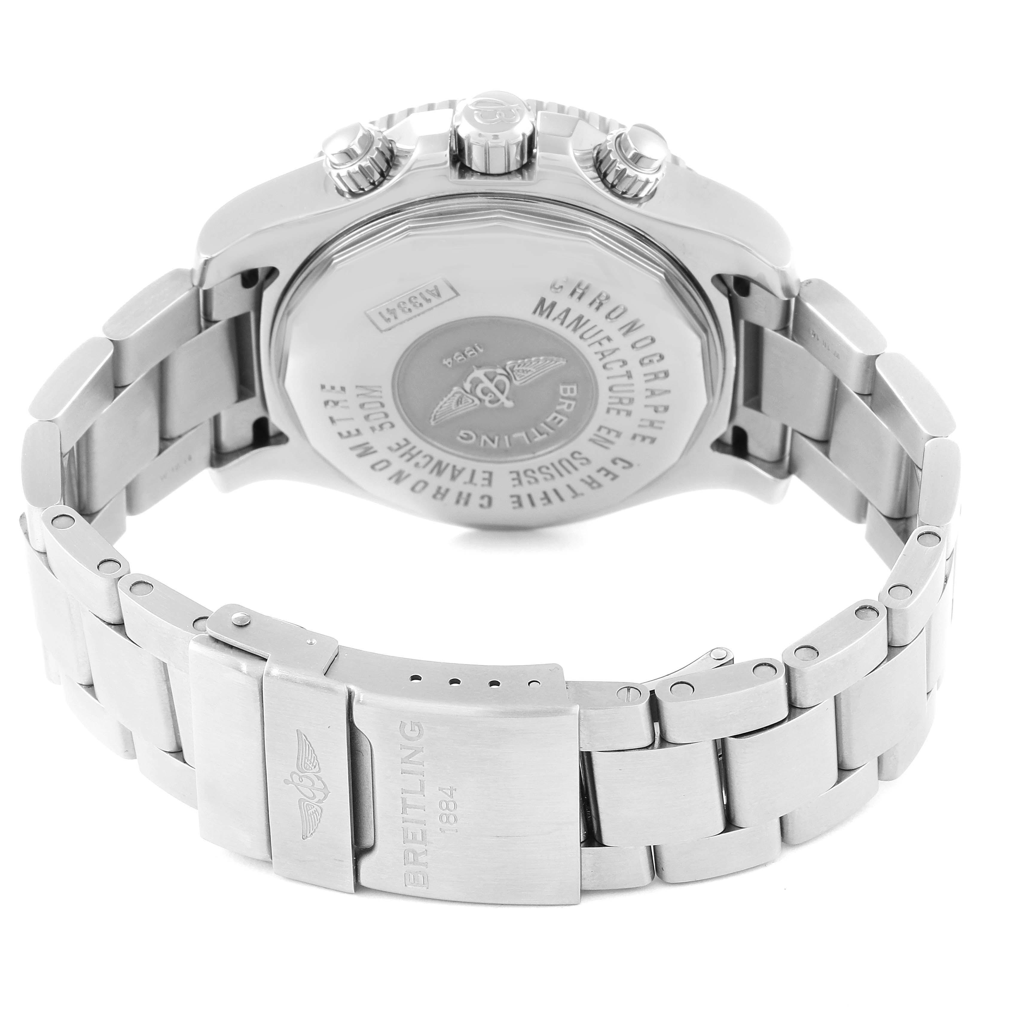 This image shows the back case and bracelet of a Breitling Superocean A13341C3/BD19 Men's Stainless Steel Black Dial A13341C3/BD19 Men's Stainless Steel Black Dial watch, viewed from a rear angle.