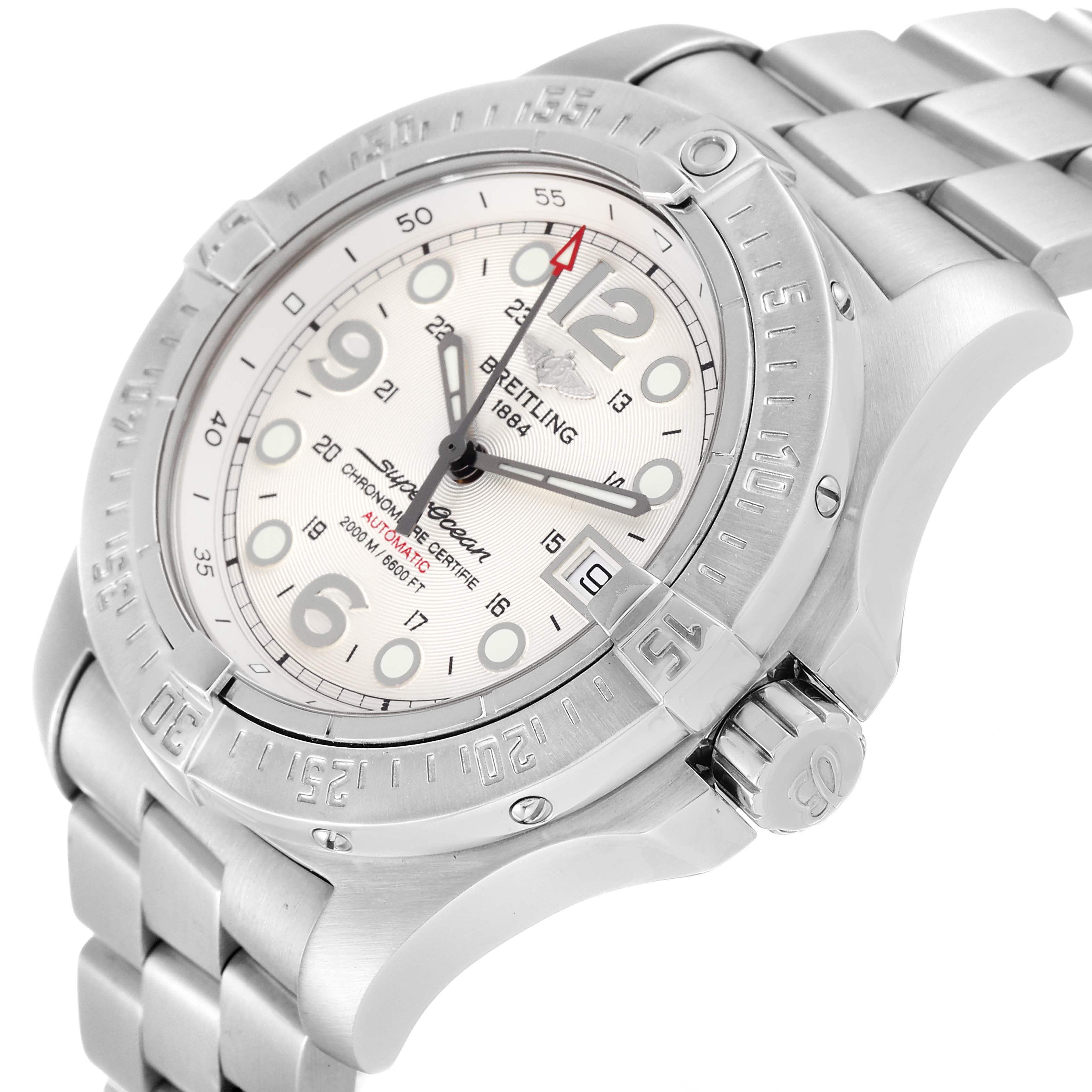 The image shows a Breitling Superocean A17390 Men's Stainless Steel Silver Dial A17390 Men's Stainless Steel Silver Dial watch angled from the right side, featuring its bezel, dial, crown, and bracelet.