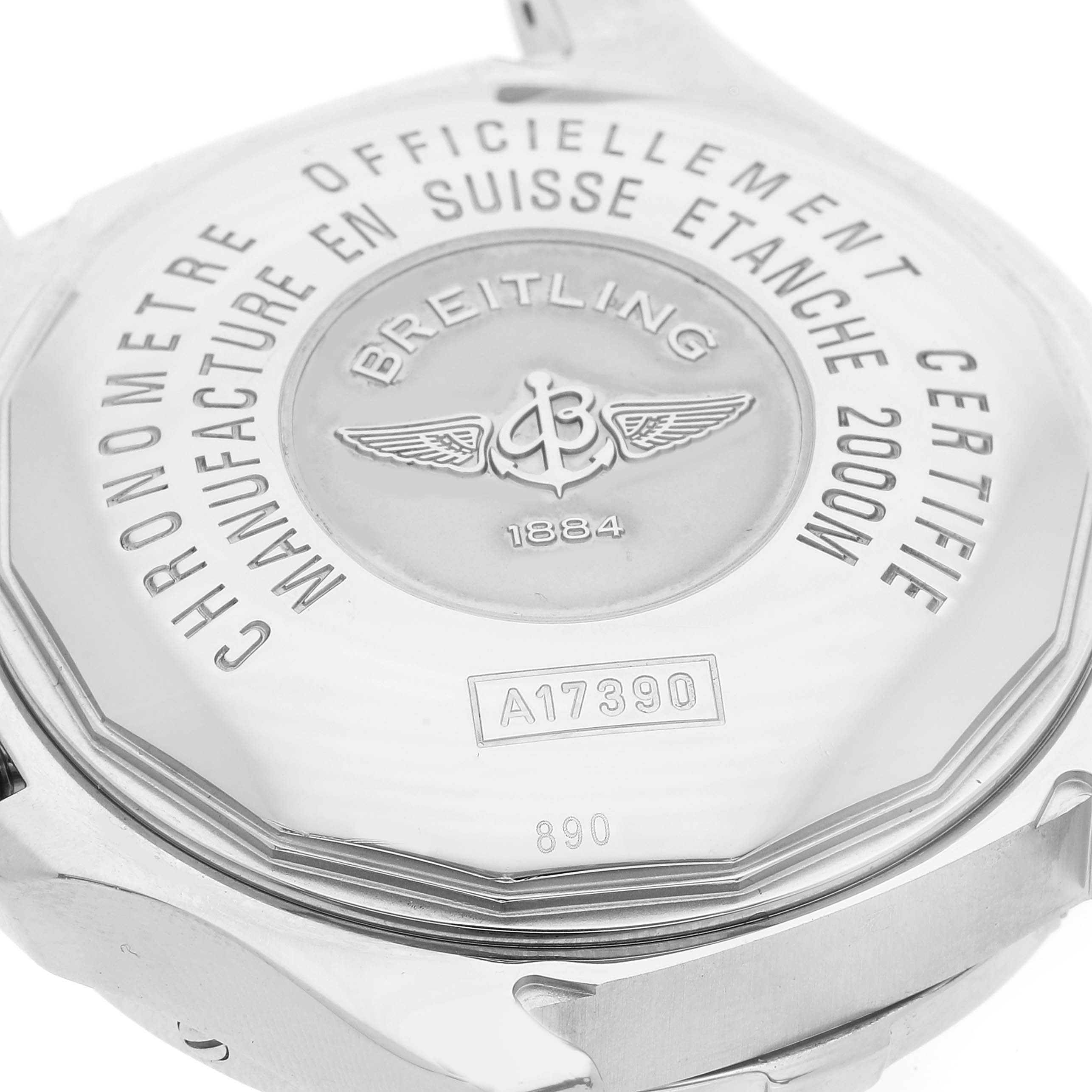 The image shows the back of a Breitling Superocean A17390 Men's Stainless Steel Silver Dial A17390 Men's Stainless Steel Silver Dial watch, highlighting its model number and brand engraving.