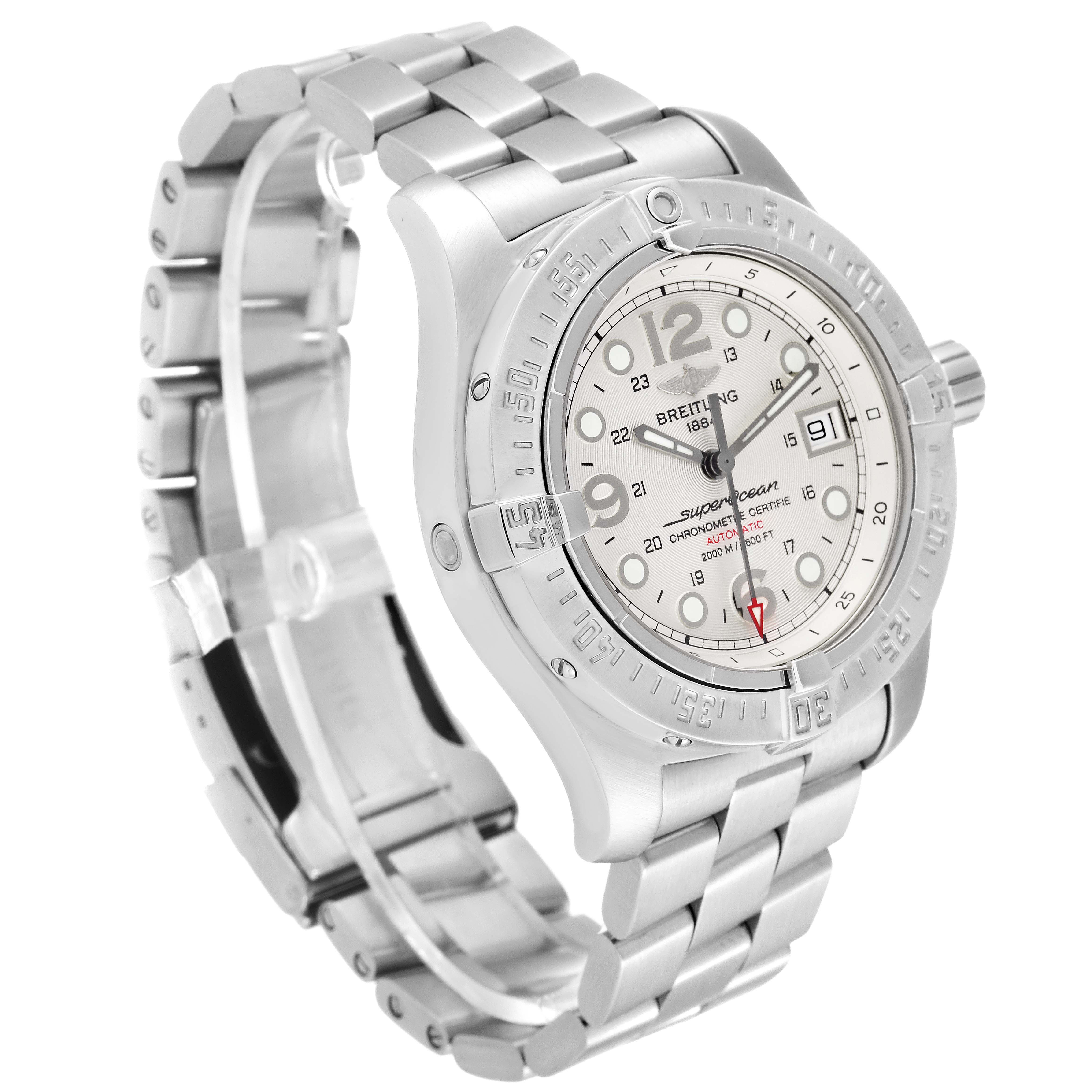 The Breitling Superocean A17390 Men's Stainless Steel Silver Dial A17390 Men's Stainless Steel Silver Dial watch is shown at a slight angle, highlighting the dial, bezel, and metal bracelet.