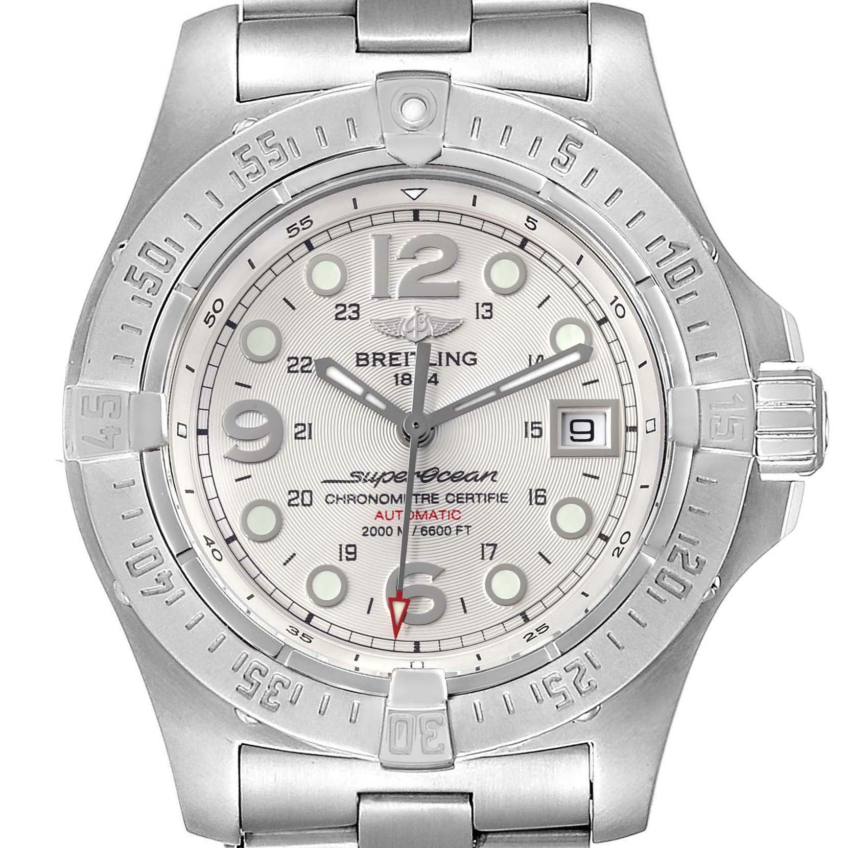 This image shows a front view of the Breitling Superocean A17390 Men's Stainless Steel Silver Dial A17390 Men's Stainless Steel Silver Dial watch, displaying its dial, bezel, and bracelet.