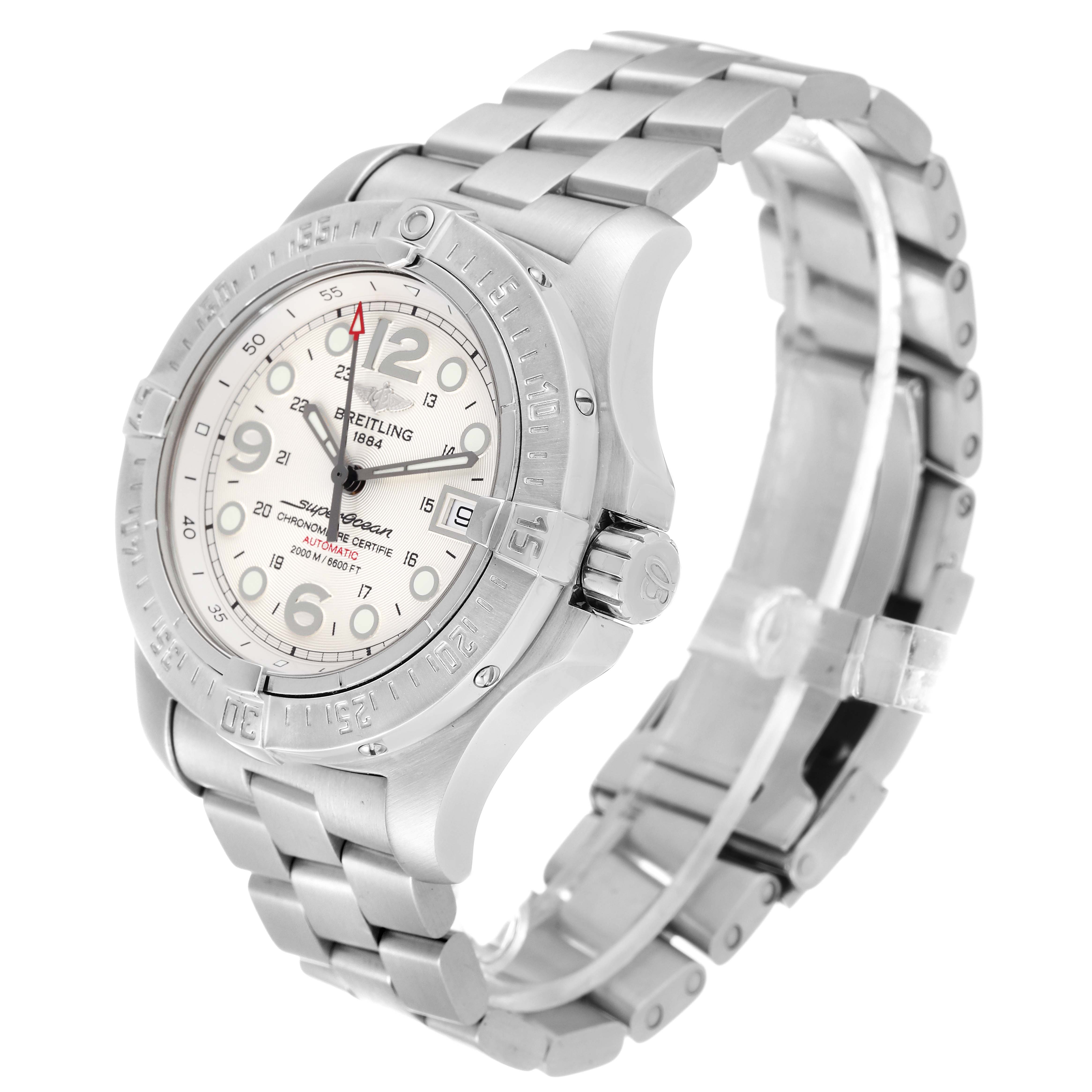 The image displays a Breitling Superocean A17390 Men's Stainless Steel Silver Dial A17390 Men's Stainless Steel Silver Dial watch at an angle showcasing its face, bezel, crown, and metal bracelet.