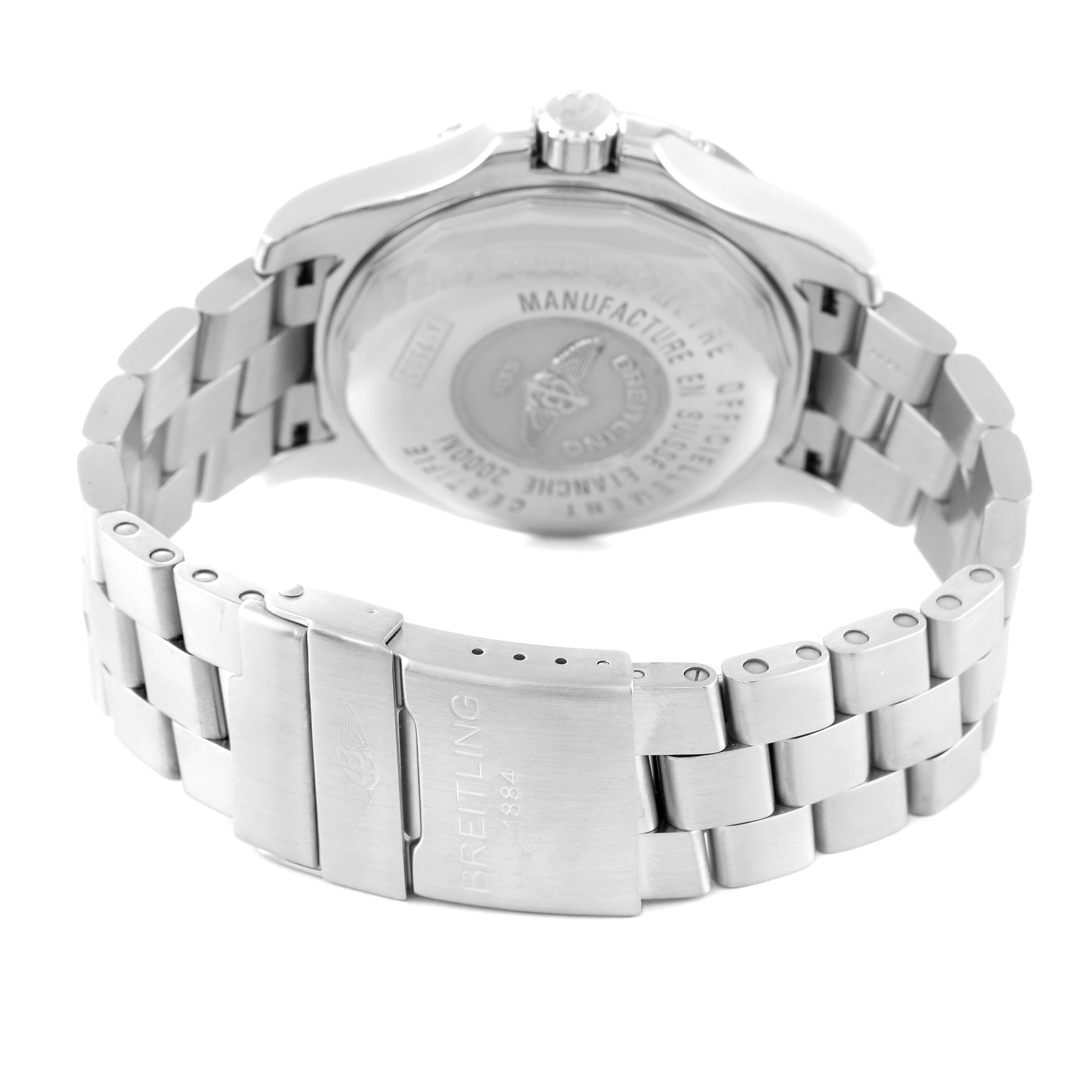 The image shows the back and clasp of the metal bracelet on a Breitling Superocean A17390 Men's Stainless Steel Silver Dial A17390 Men's Stainless Steel Silver Dial watch.