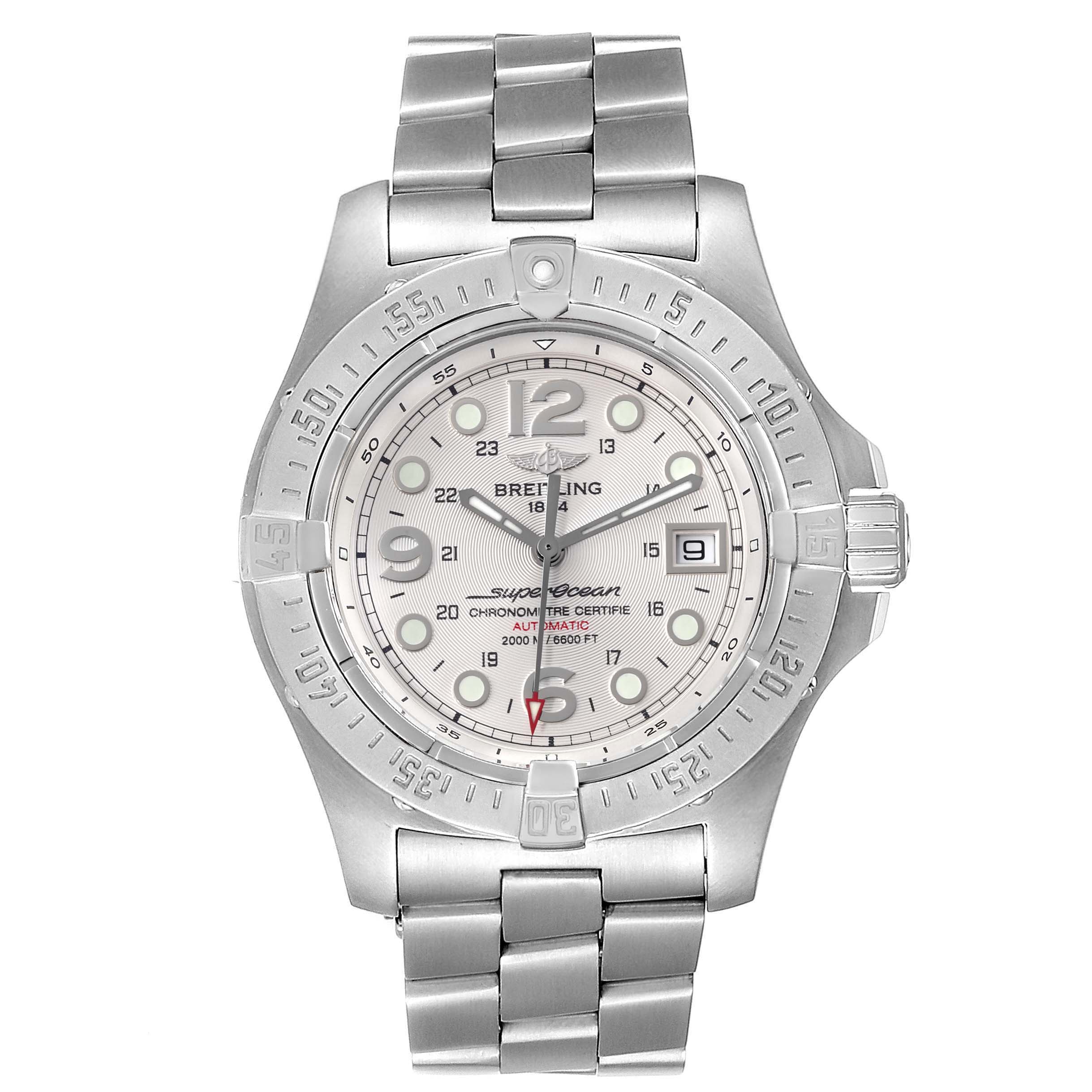 This image shows a front view of a Breitling Superocean A17390 Men's Stainless Steel Silver Dial A17390 Men's Stainless Steel Silver Dial watch, including the dial, bezel, crown, and bracelet.