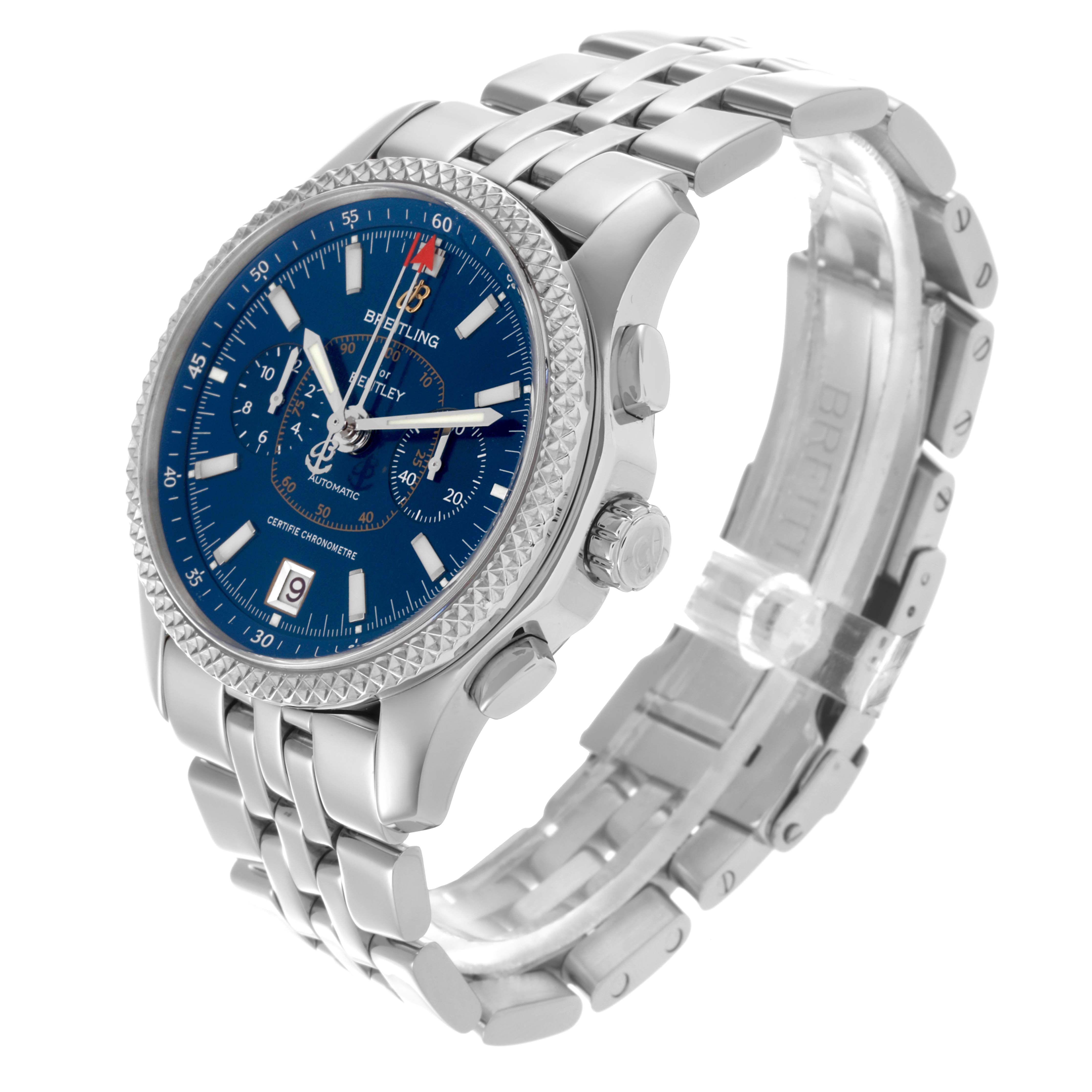 The Breitling Bentley P26362 Men's Stainless Steel Blue Dial P26362 Men's Stainless Steel Blue Dial watch is shown at a three-quarter angle, displaying the face, bezel, crown, and metal bracelet.