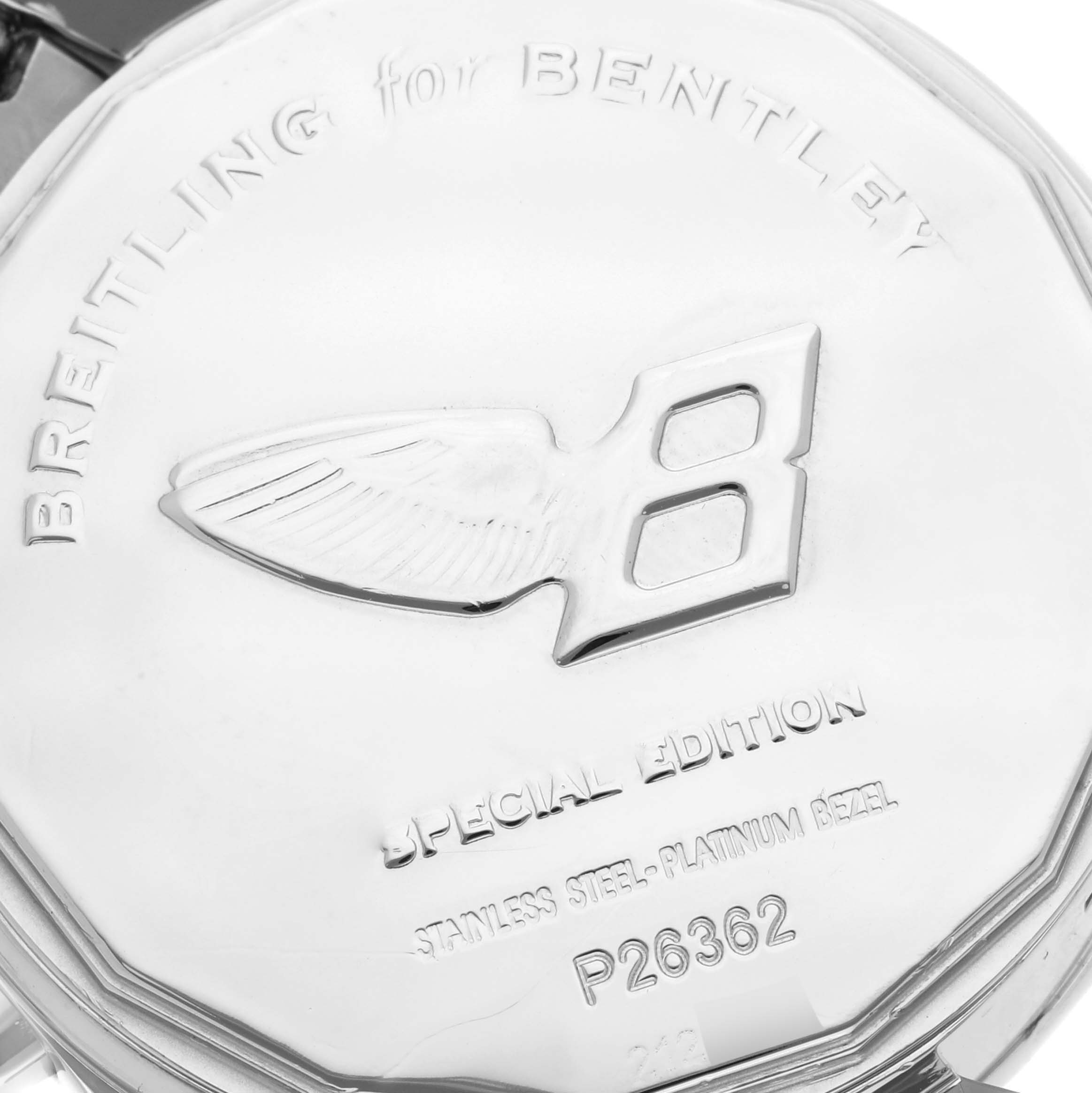 The image shows the back of a Breitling Bentley P26362 Men's Stainless Steel Blue Dial P26362 Men's Stainless Steel Blue Dial watch, featuring embossed logos and engravings.