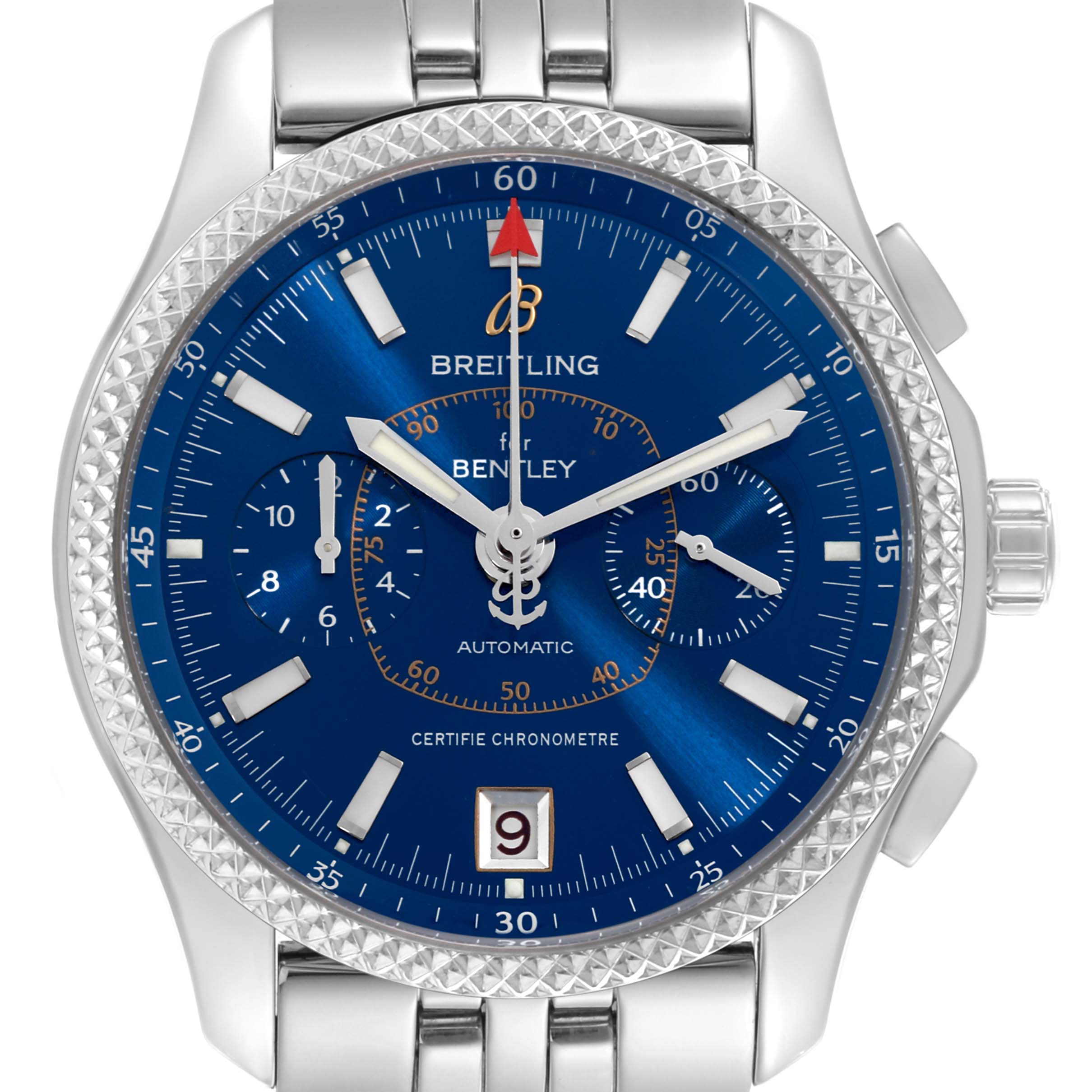 The image shows a front view of a Breitling Bentley P26362 Men's Stainless Steel Blue Dial P26362 Men's Stainless Steel Blue Dial watch, highlighting the dial, bezel, and part of the bracelet.