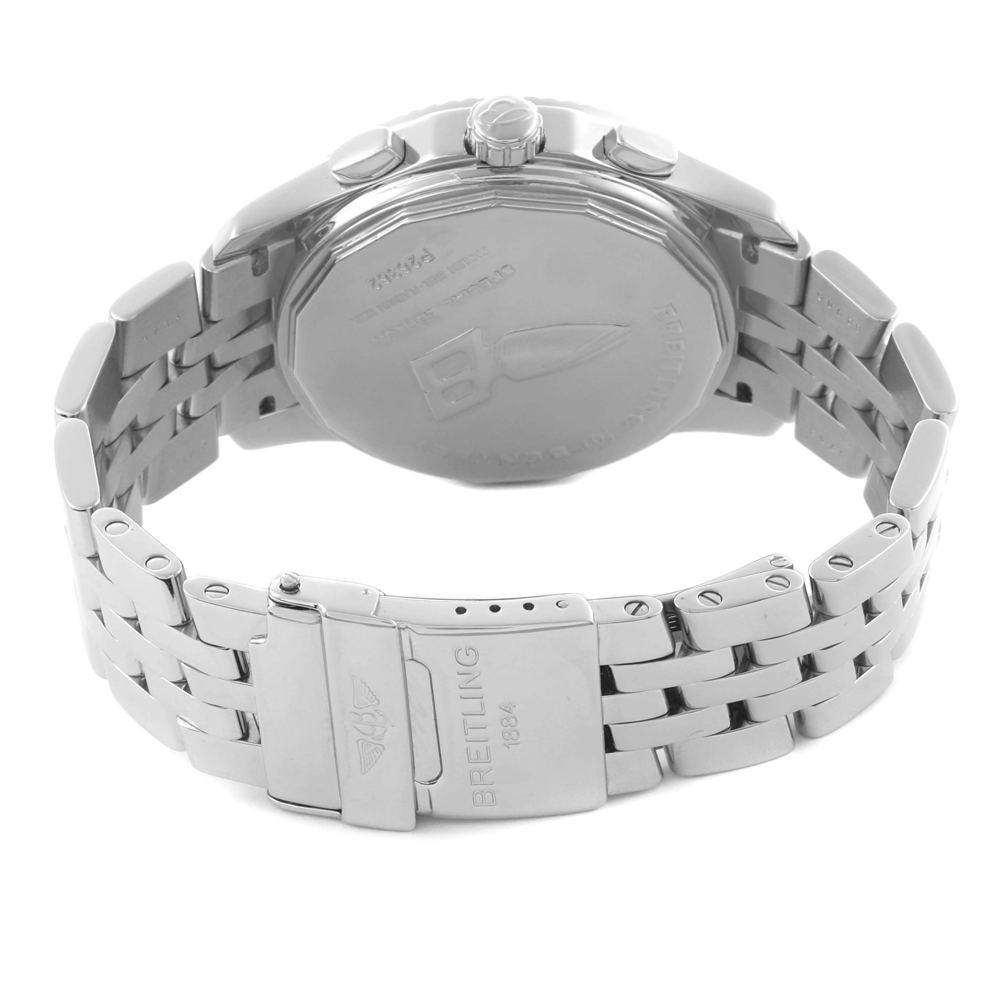 The image shows the back of the Breitling Bentley P26362 Men's Stainless Steel Blue Dial P26362 Men's Stainless Steel Blue Dial watch, highlighting the clasp, crown, and metal bracelet.
