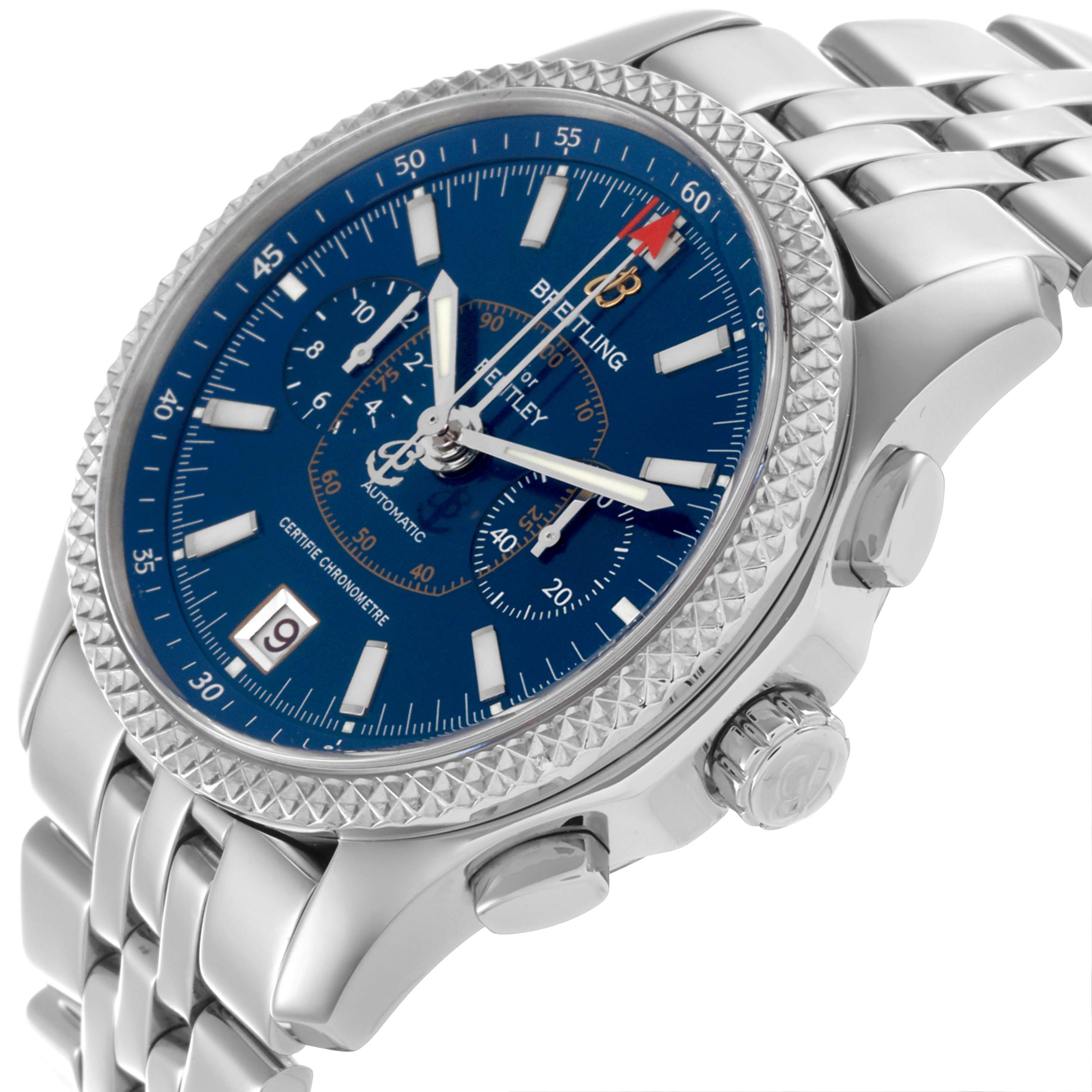 The Breitling Bentley P26362 Men's Stainless Steel Blue Dial P26362 Men's Stainless Steel Blue Dial watch is shown at a slight side angle, highlighting the face, bezel, crown, and stainless steel bracelet.