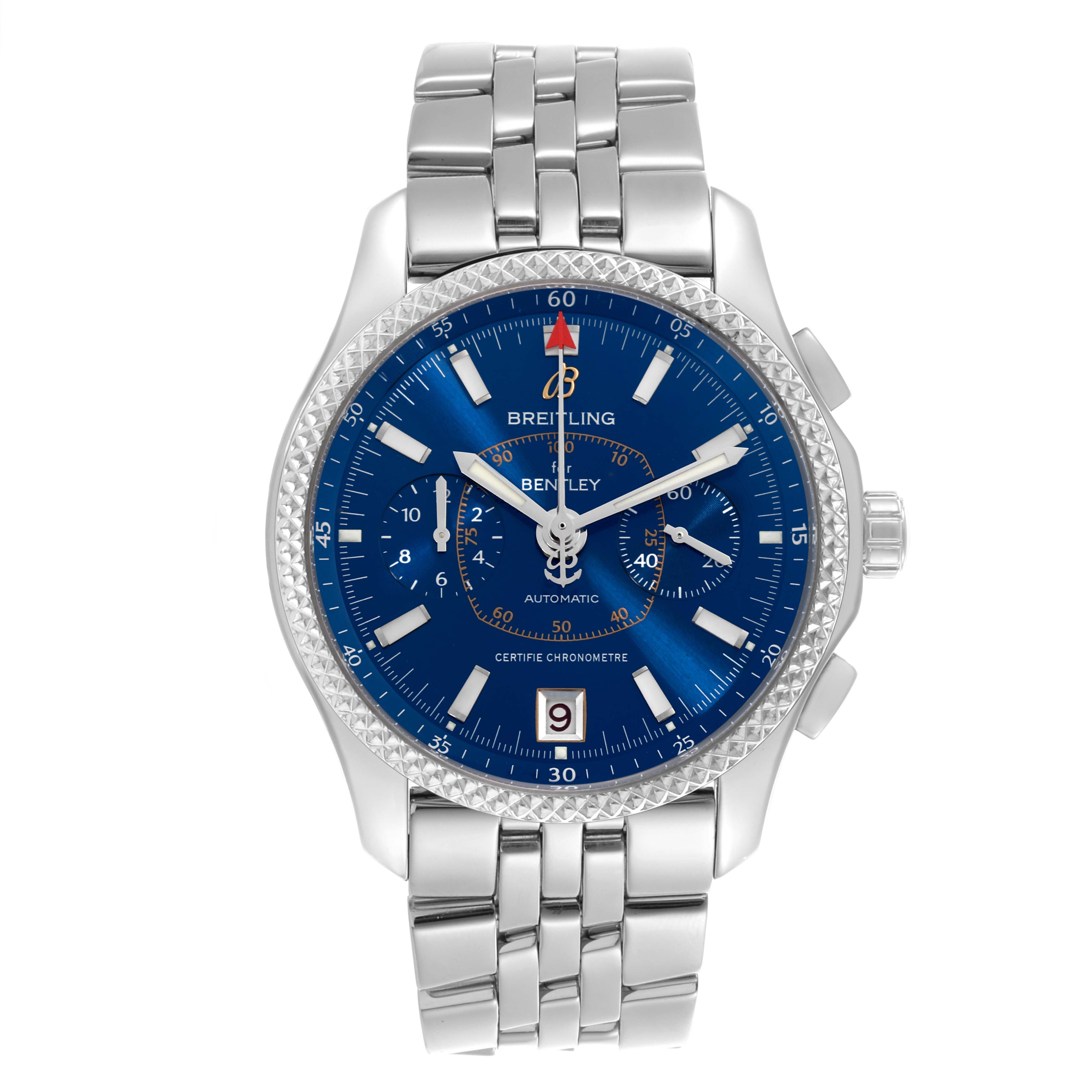 The Breitling Bentley P26362 Men's Stainless Steel Blue Dial P26362 Men's Stainless Steel Blue Dial watch is shown from a front angle, featuring a blue dial, subdials, stainless steel case, and bracelet.
