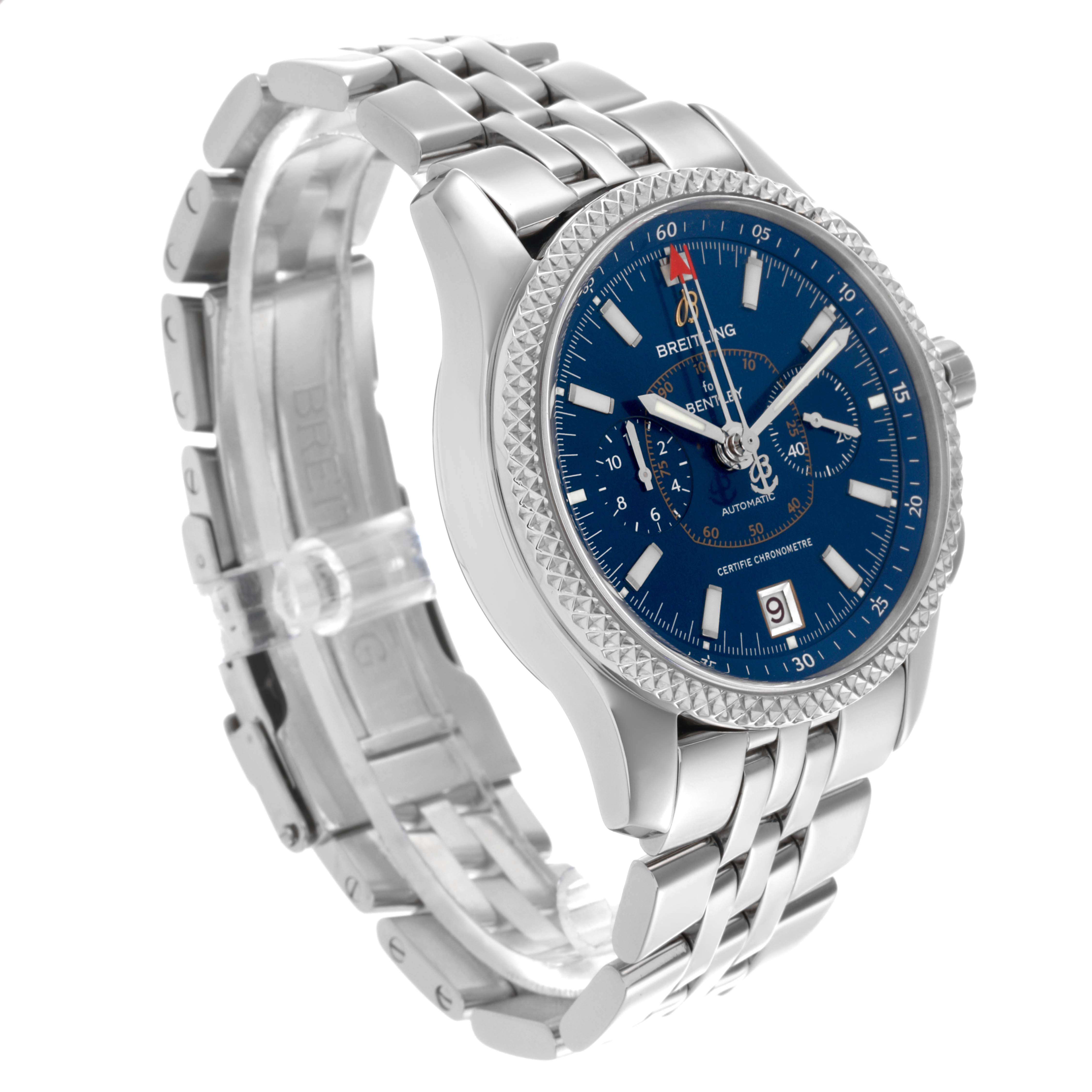 The Bentley model by Breitling is shown at an angled side view featuring the dial, bezel, and bracelet.