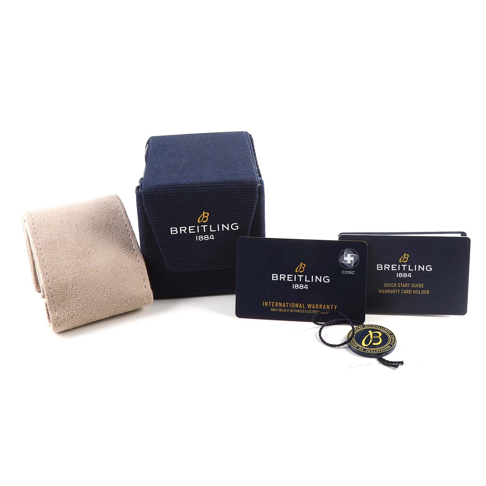 The image shows the box, warranty cards, a tag, and a cushion for a Breitling Chronomat A32398 Men's Stainless Steel Green Dial A32398 Men's Stainless Steel Green Dial watch.