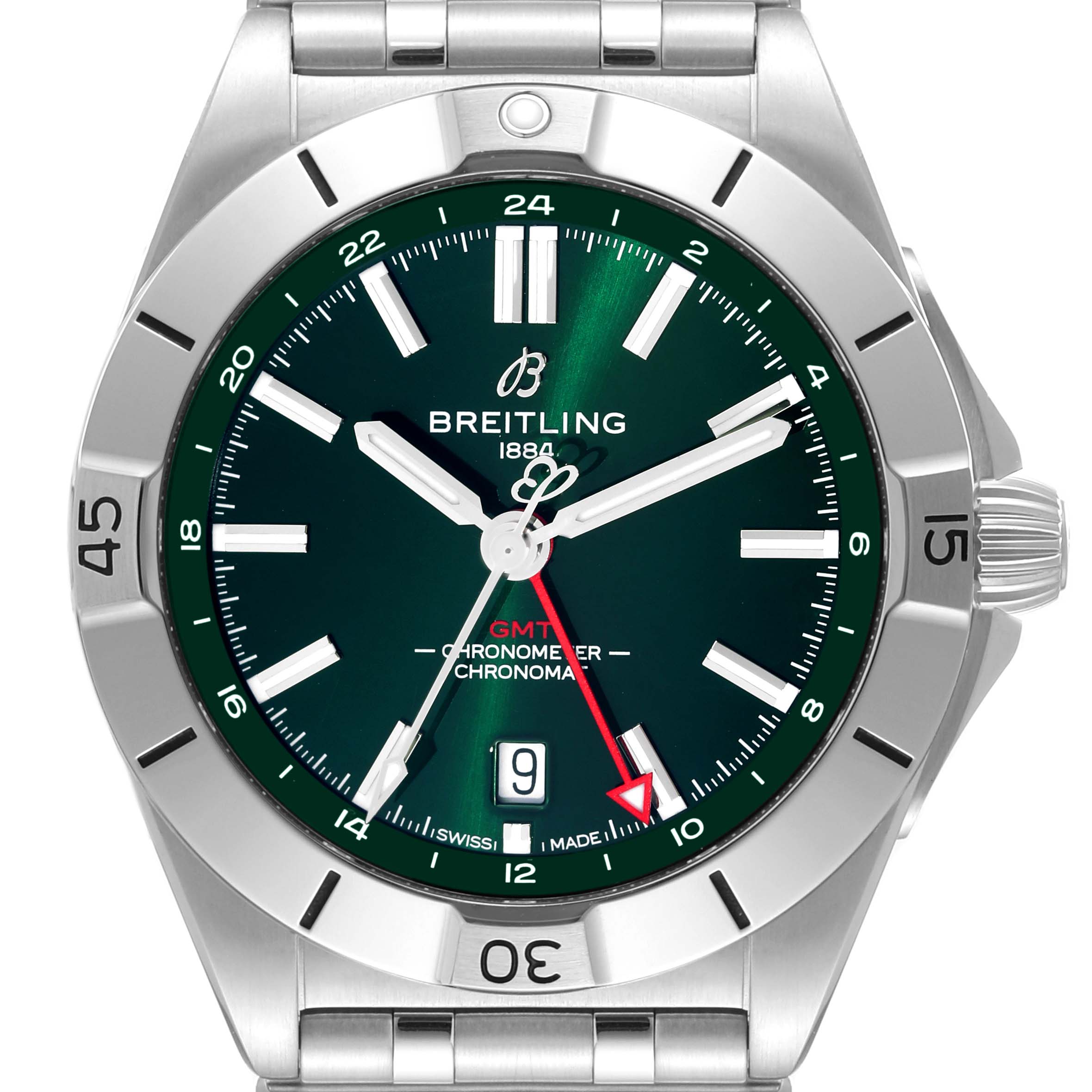 The image shows a front view of the Breitling Chronomat A32398 Men's Stainless Steel Green Dial A32398 Men's Stainless Steel Green Dial watch, displaying its green dial, bezel, hands, and stainless steel bracelet.
