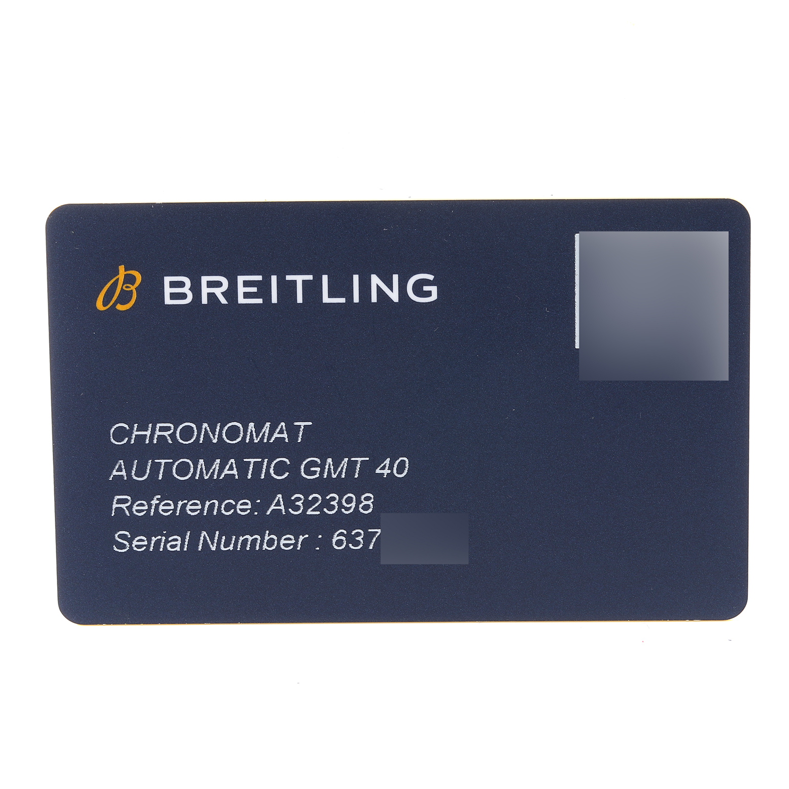 The image shows a warranty card for the Breitling Chronomat A32398 Men's Stainless Steel Green Dial A32398 Men's Stainless Steel Green Dial Automatic GMT 40 model, displaying its reference and serial number.
