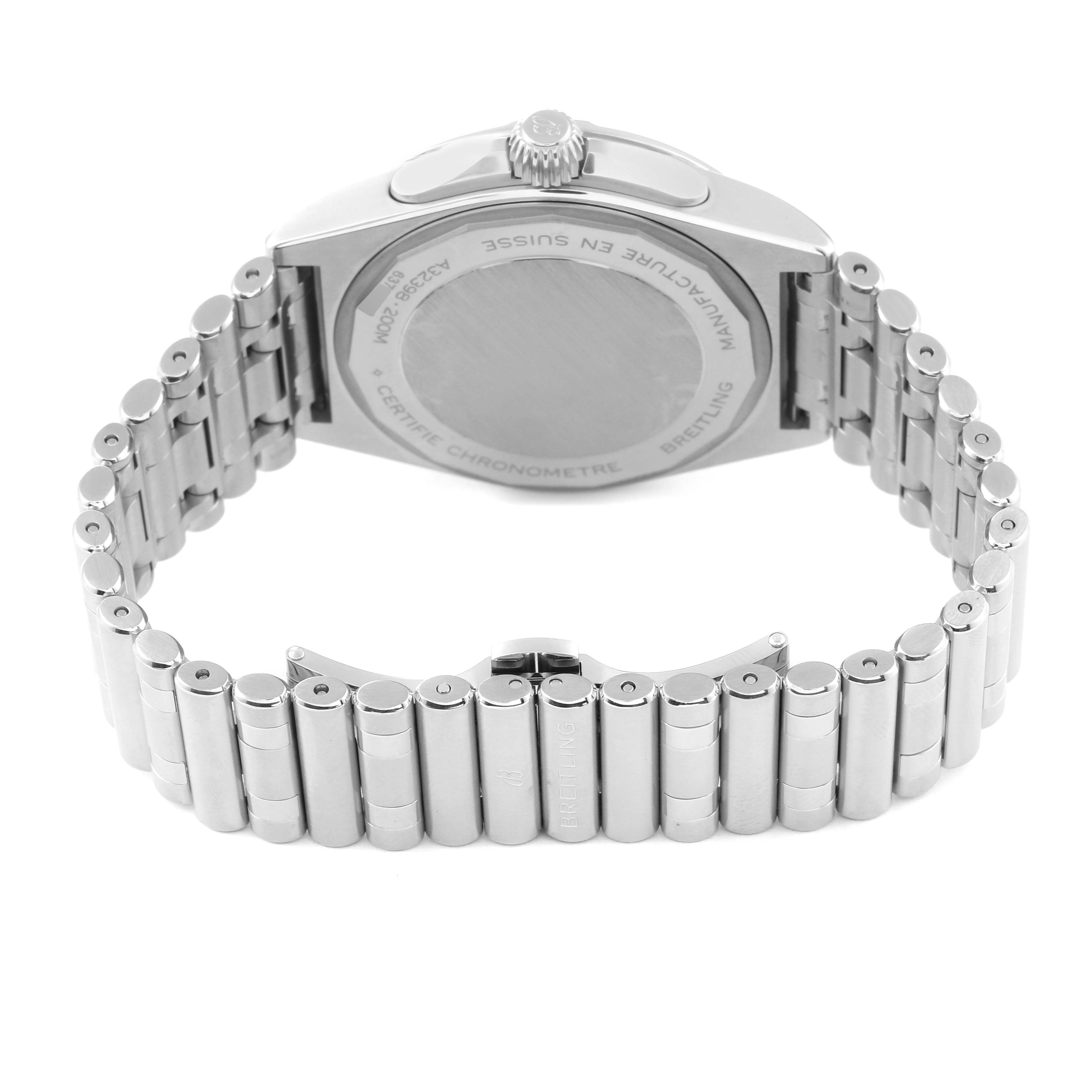 The image shows a rear view of the Breitling Chronomat A32398 Men's Stainless Steel Green Dial A32398 Men's Stainless Steel Green Dial model, highlighting its bracelet and case back.