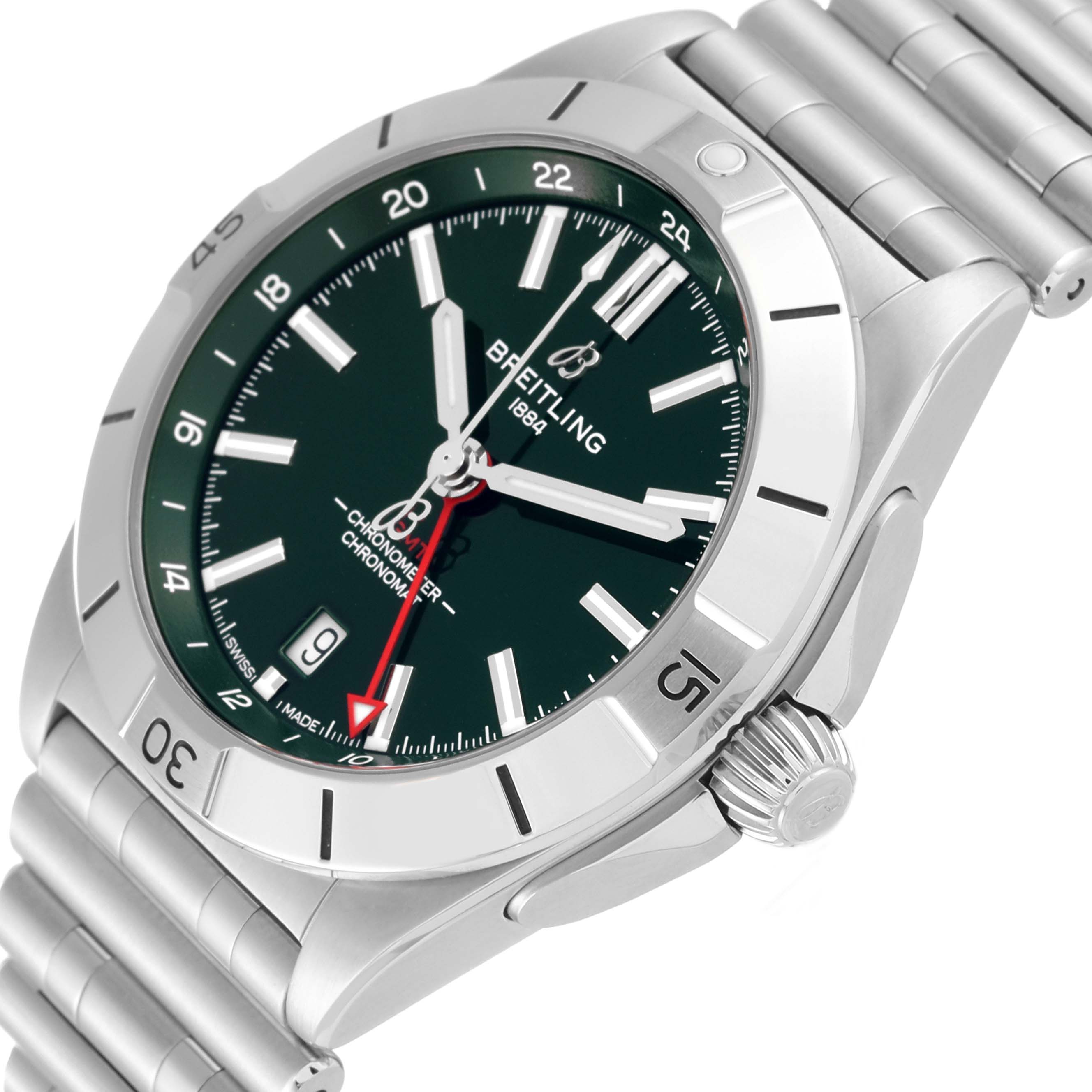 This image shows the Breitling Chronomat A32398 Men's Stainless Steel Green Dial A32398 Men's Stainless Steel Green Dial watch from an angled side view, highlighting the face, bezel, and bracelet.