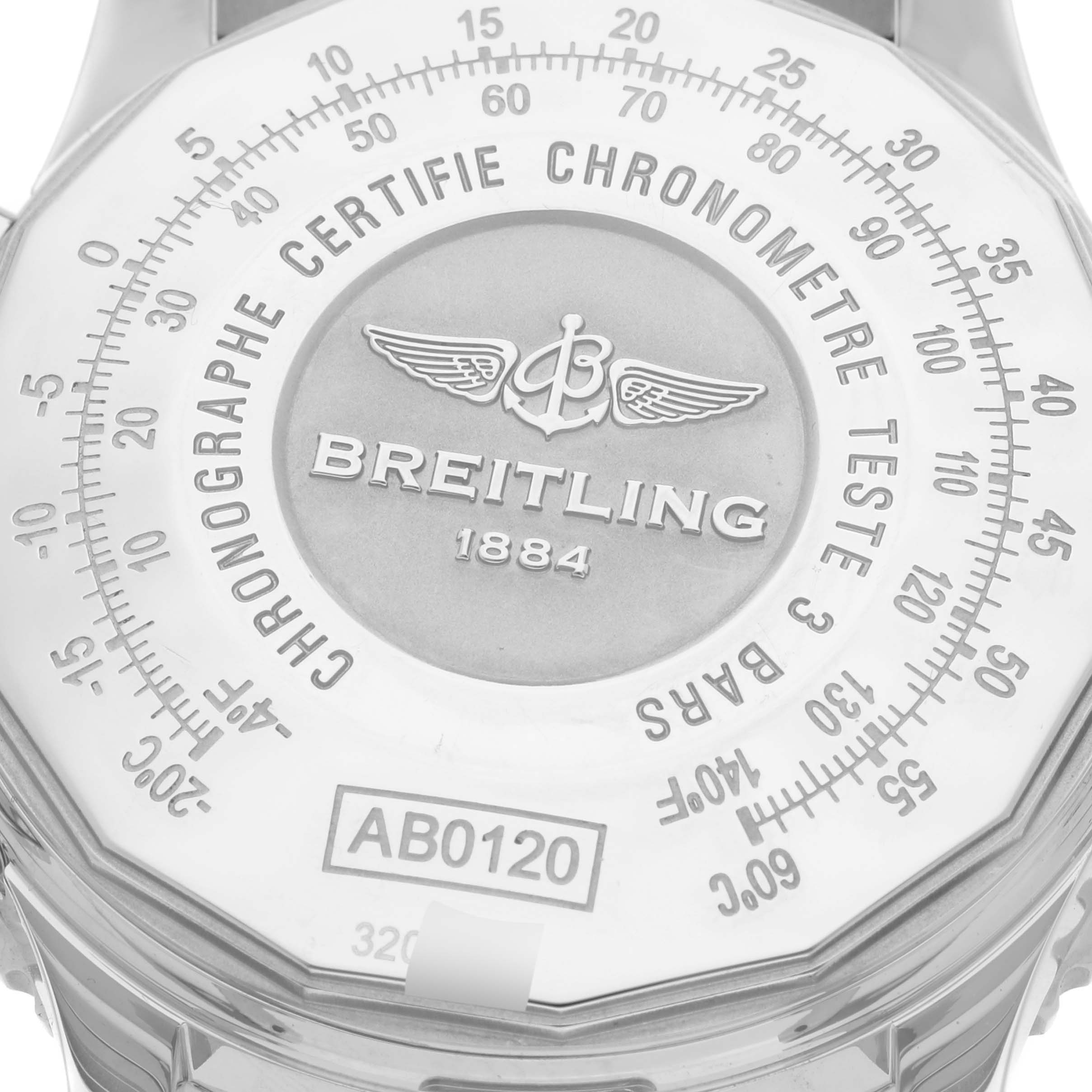 The image shows the case back of a Breitling Navitimer AB012012/G826 Men's Stainless Steel White Dial AB012012/G826 Men's Stainless Steel White Dial watch, displaying the brand name, logo, and model number from a top-down angle.