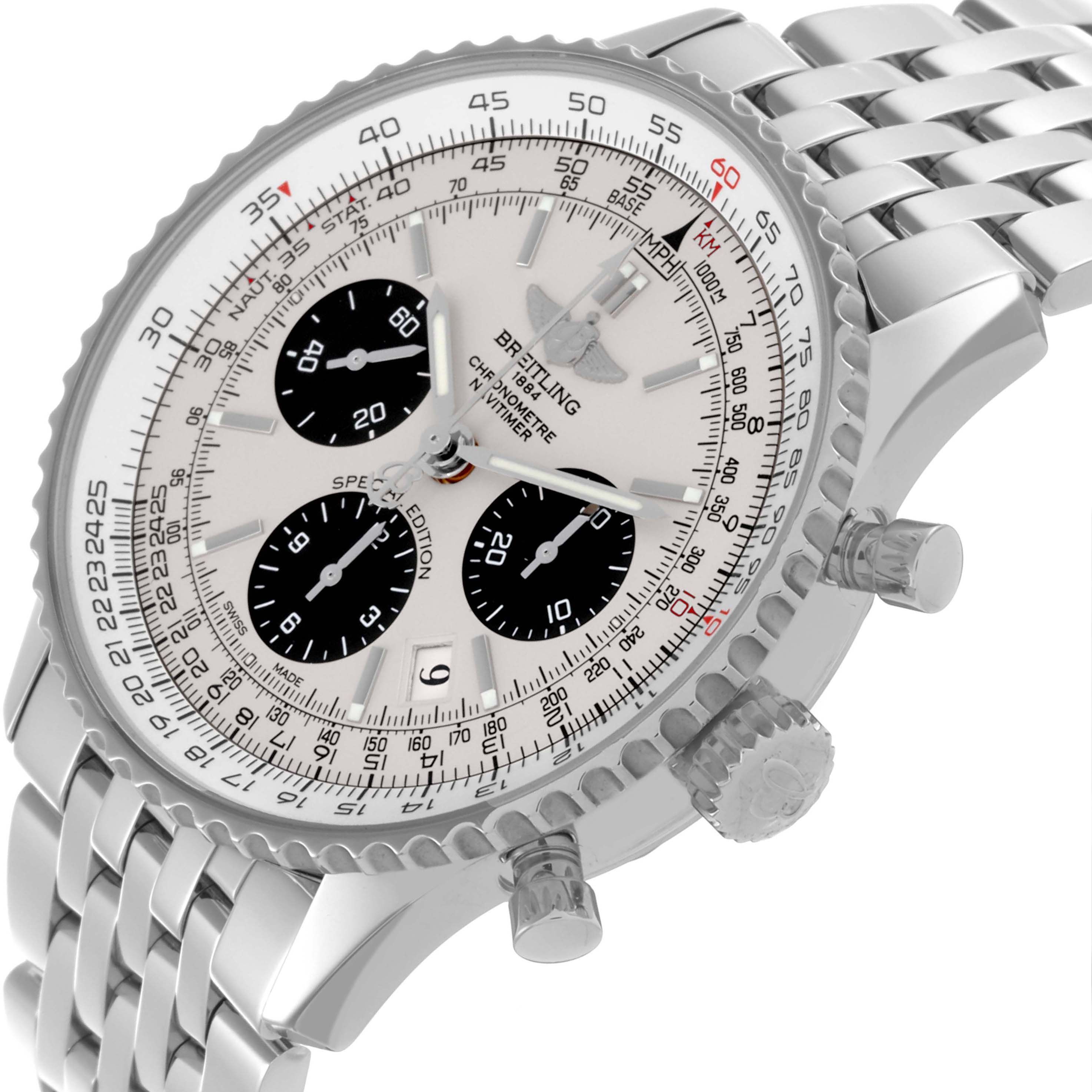 The Breitling Navitimer AB012012/G826 Men's Stainless Steel White Dial AB012012/G826 Men's Stainless Steel White Dial is shown at a slight angle displaying its face, bezel, chronograph subdials, and stainless steel bracelet.
