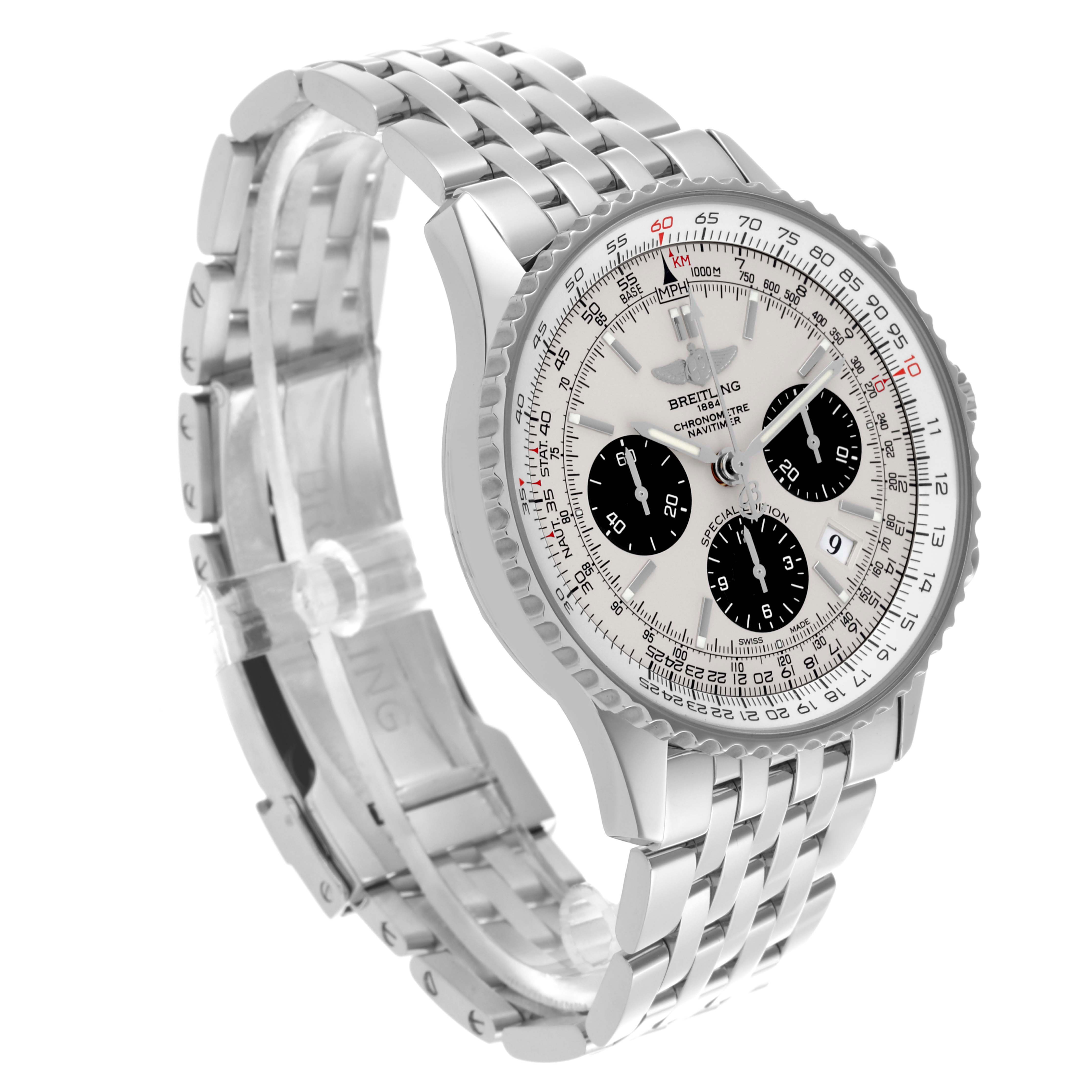 The image shows the Breitling Navitimer AB012012/G826 Men's Stainless Steel White Dial AB012012/G826 Men's Stainless Steel White Dial watch at a 3/4 angle, highlighting the dial, bezel, and bracelet.